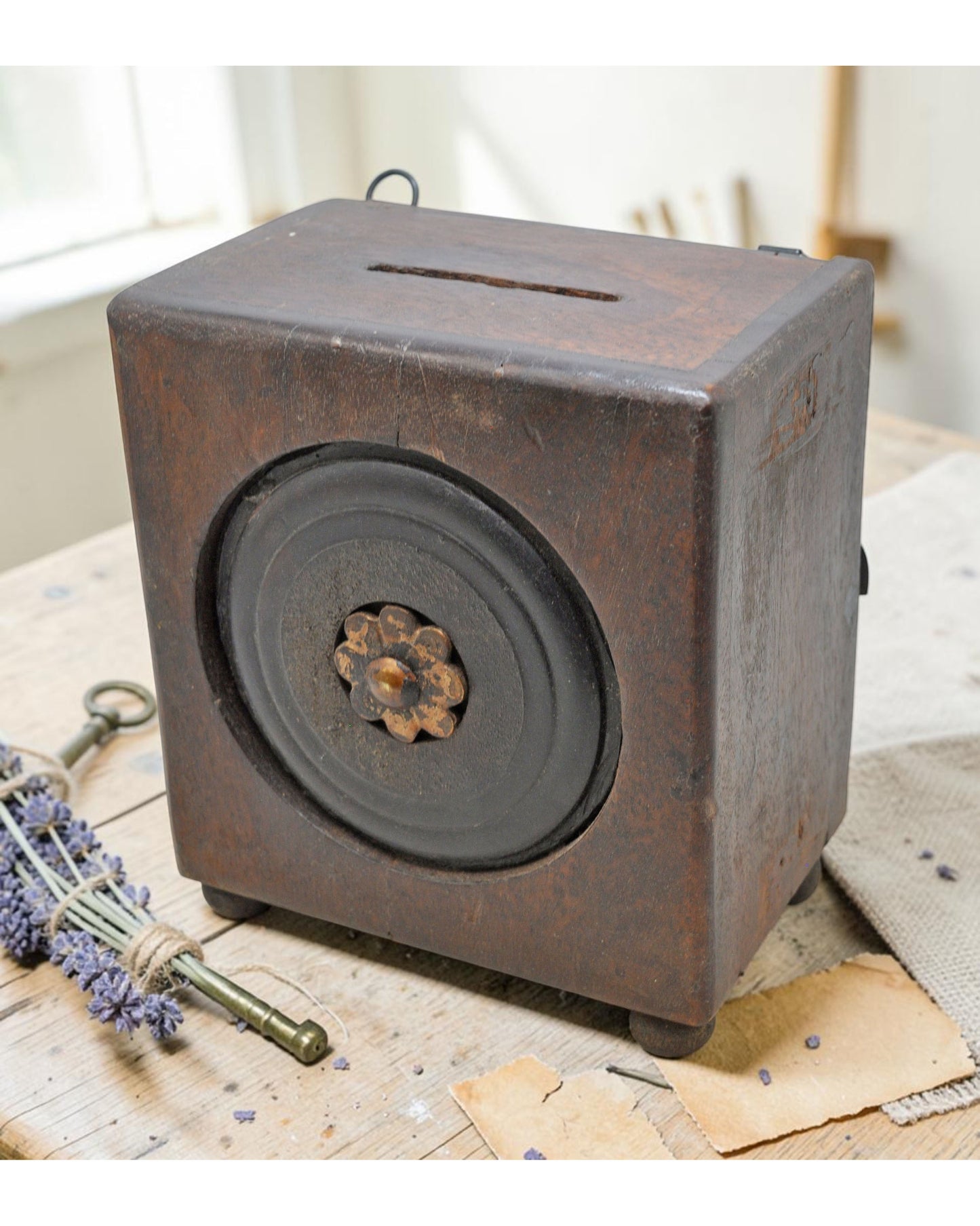 Antique Wooden Square Coin Money Bank Box Original Old Hand Crafted