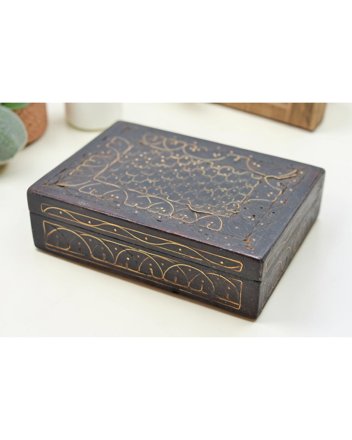 Antique Wooden Small Jewellery Storage Box Original Old Fine Brass Inlay