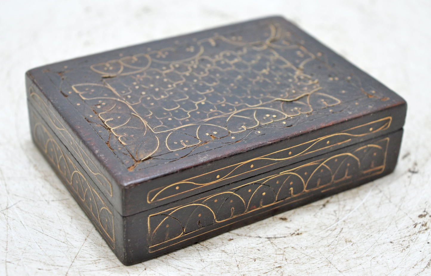 Antique Wooden Small Jewellery Storage Box Original Old Fine Brass Inlay