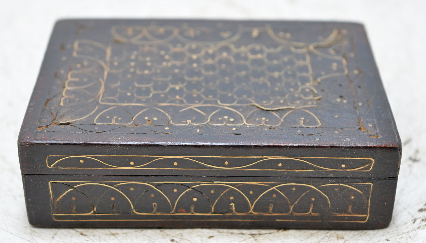 Antique Wooden Small Jewellery Storage Box Original Old Fine Brass Inlay
