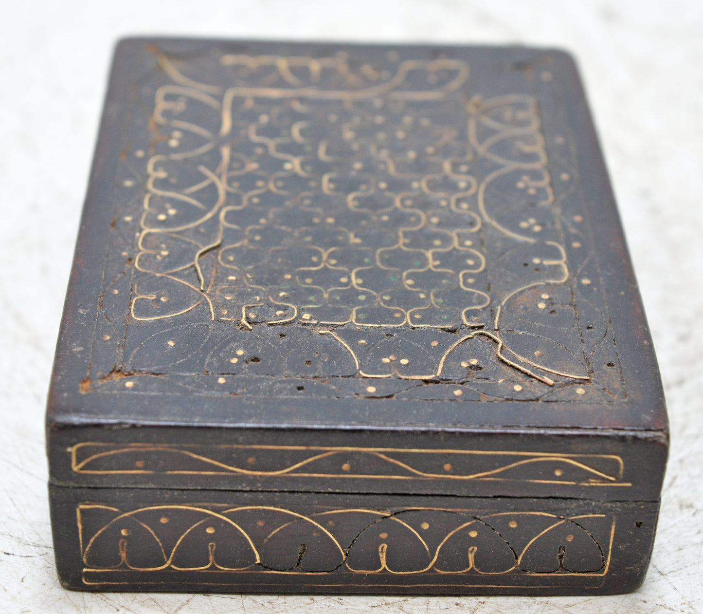 Antique Wooden Small Jewellery Storage Box Original Old Fine Brass Inlay