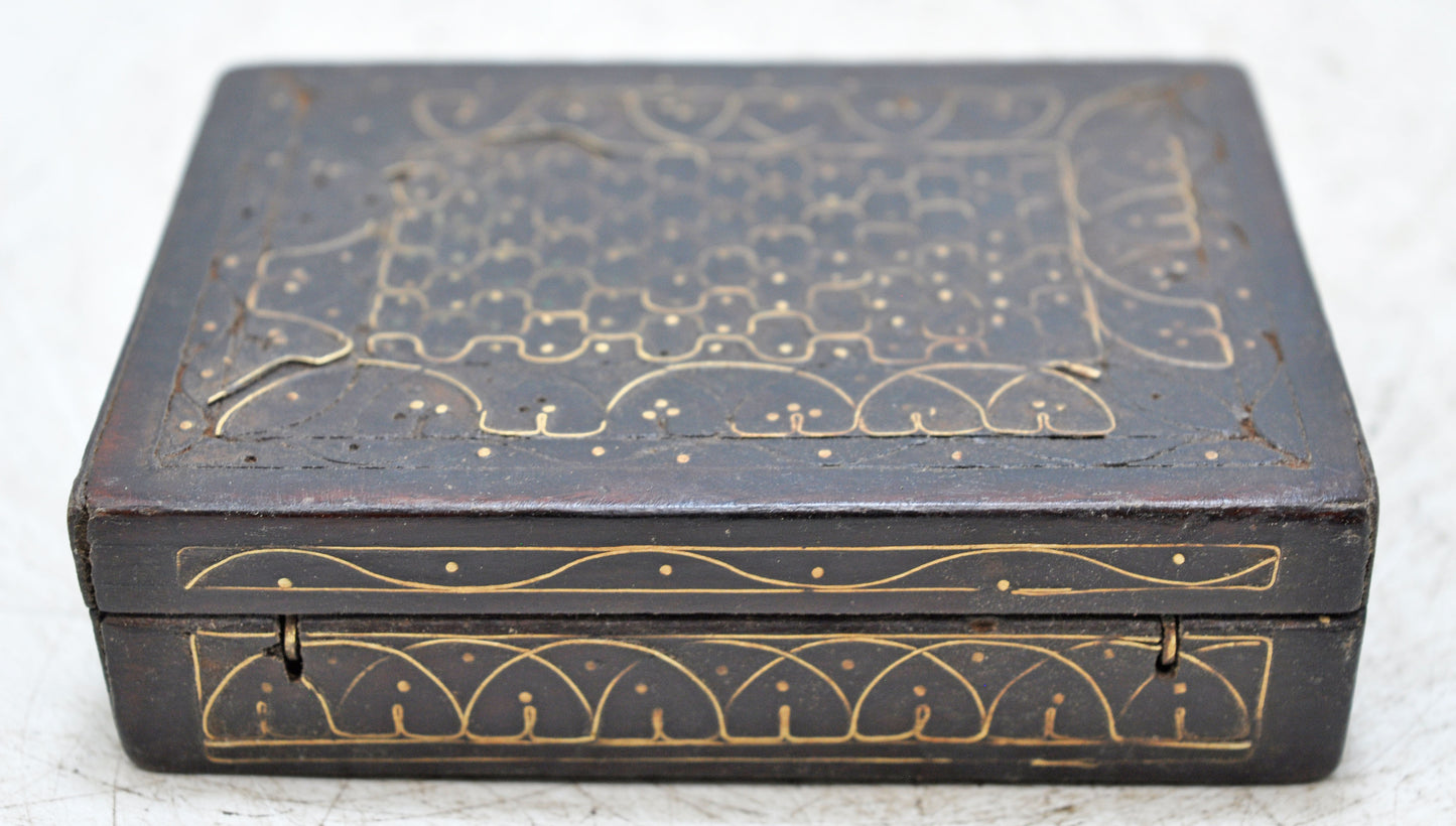 Antique Wooden Small Jewellery Storage Box Original Old Fine Brass Inlay