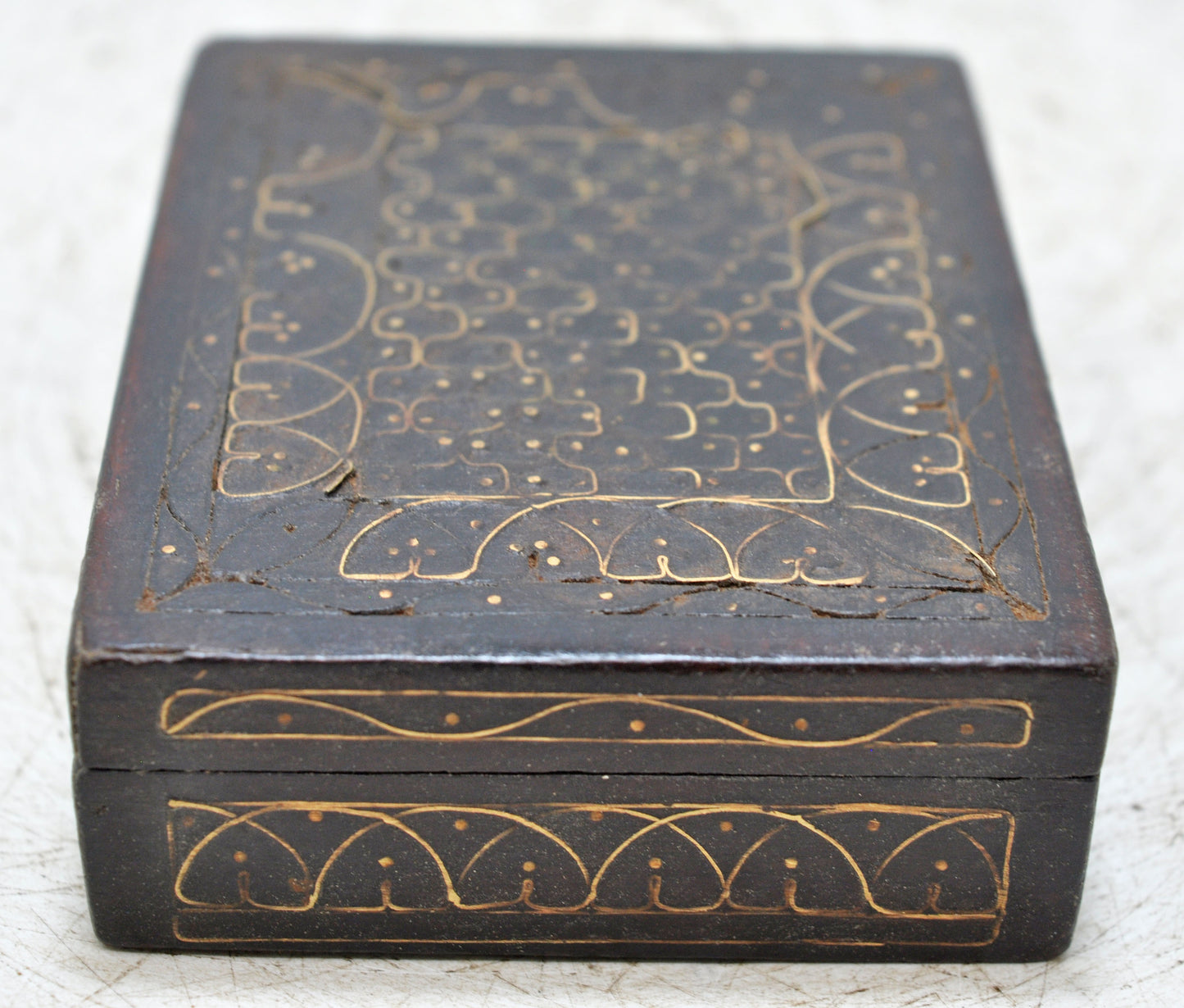 Antique Wooden Small Jewellery Storage Box Original Old Fine Brass Inlay