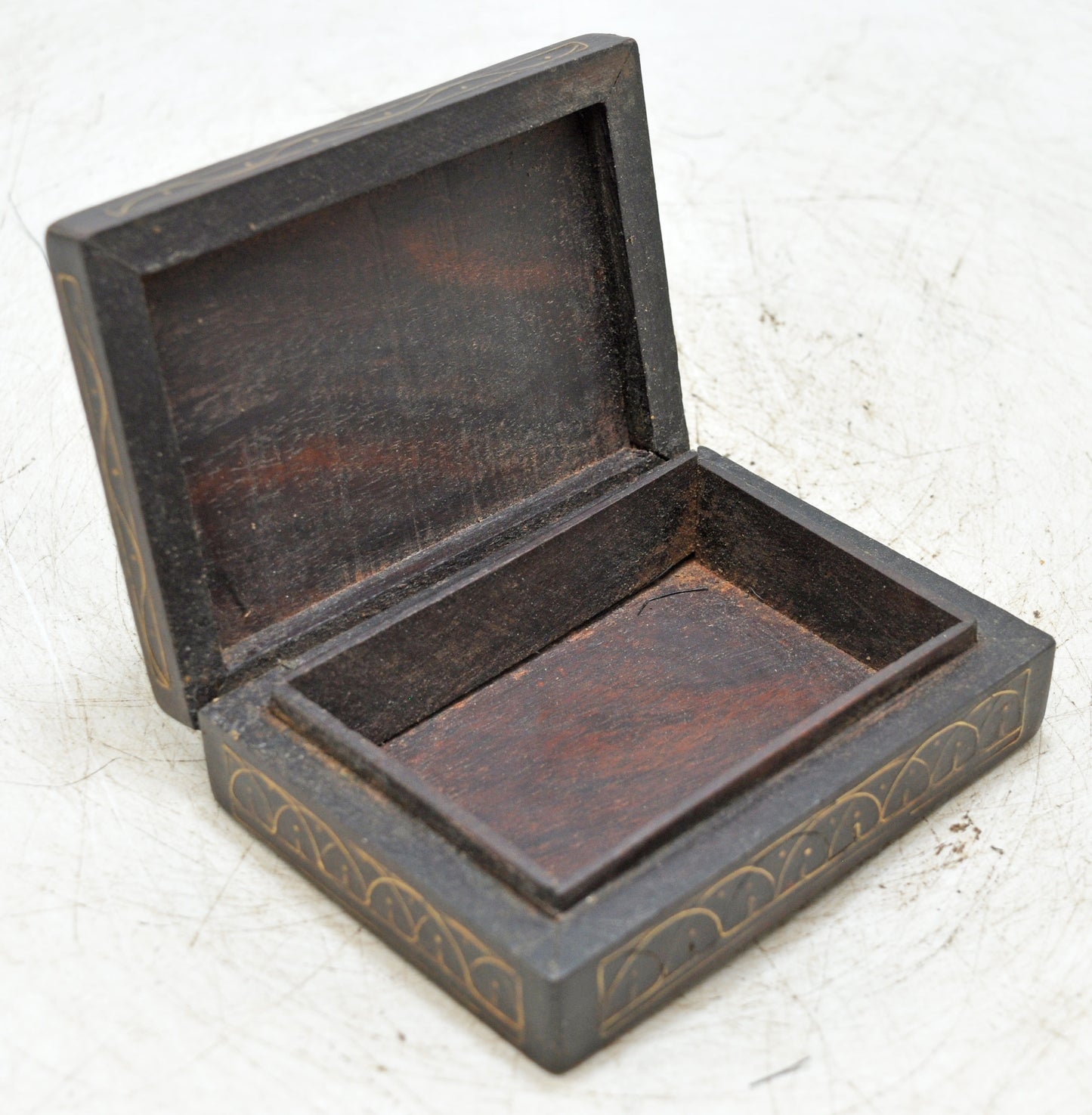 Antique Wooden Small Jewellery Storage Box Original Old Fine Brass Inlay