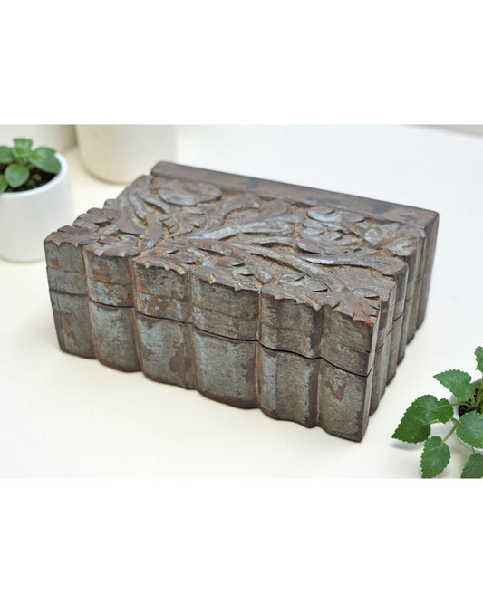 Vintage Wooden Storage Box Original Old Floral Carved Rustic Painted