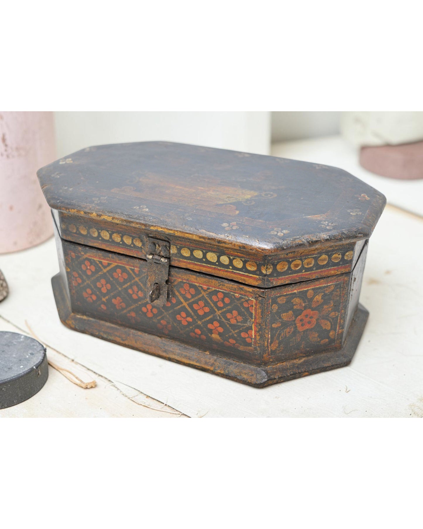 Vintage Wooden Octagonal Storage Box Original Old Fine Hand Painted