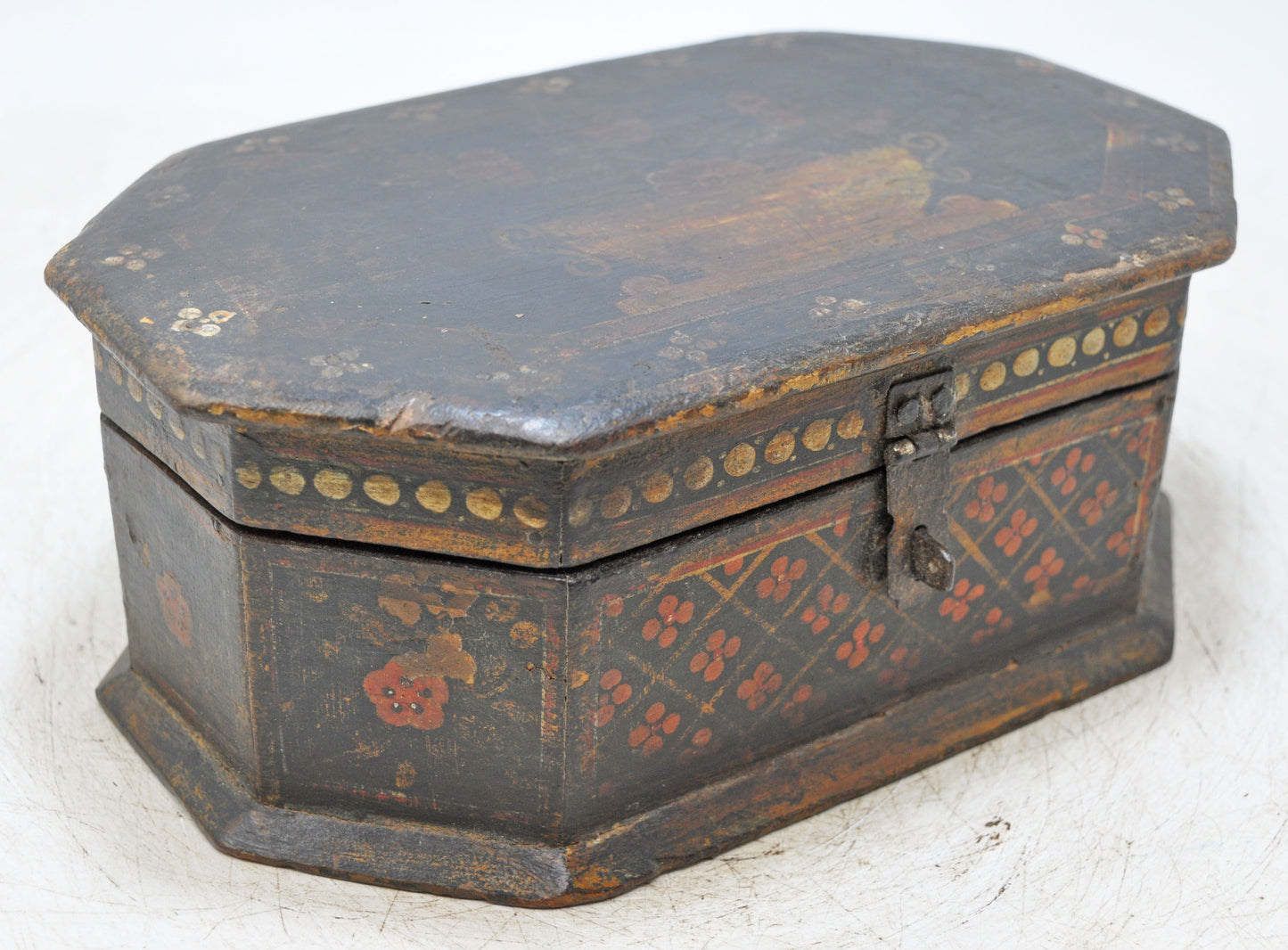 Vintage Wooden Octagonal Storage Box Original Old Fine Hand Painted