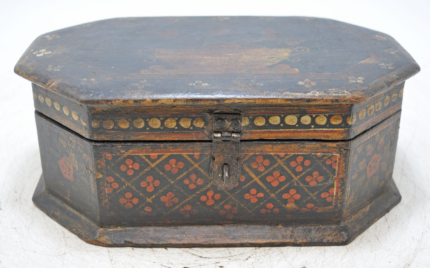 Vintage Wooden Octagonal Storage Box Original Old Fine Hand Painted