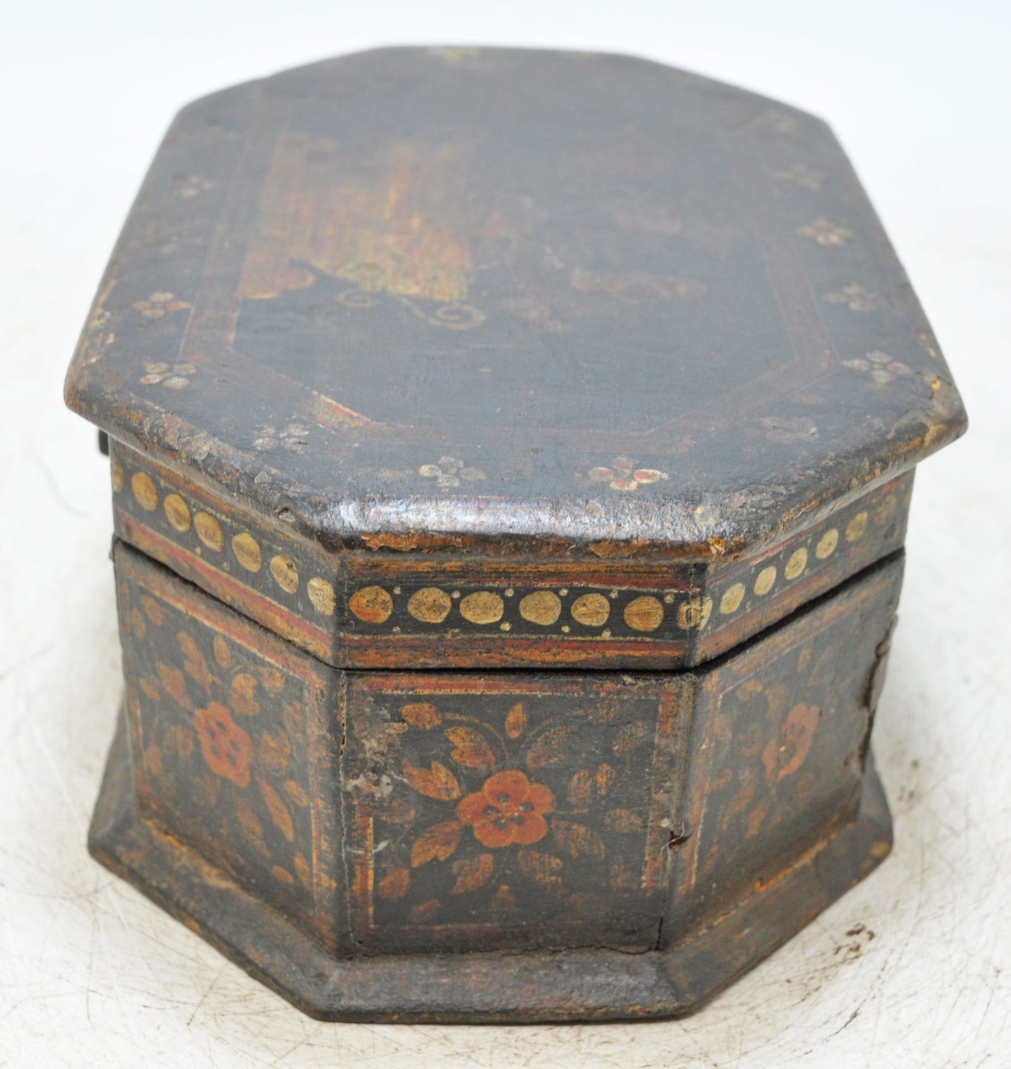 Vintage Wooden Octagonal Storage Box Original Old Fine Hand Painted