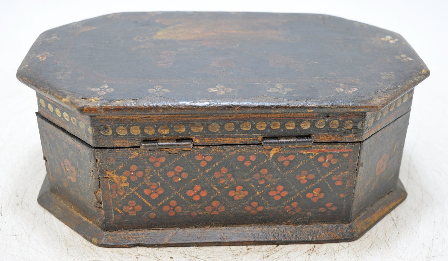 Vintage Wooden Octagonal Storage Box Original Old Fine Hand Painted