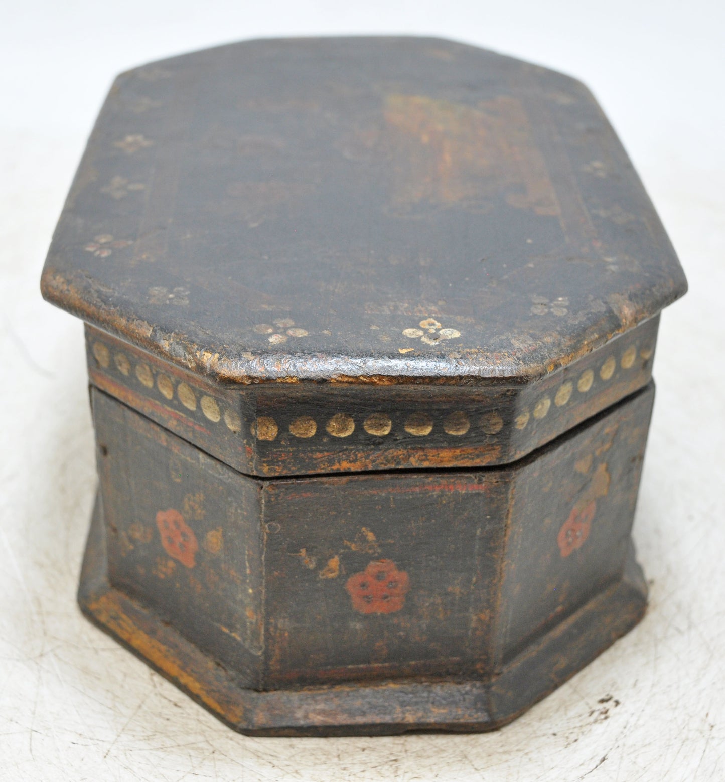Vintage Wooden Octagonal Storage Box Original Old Fine Hand Painted