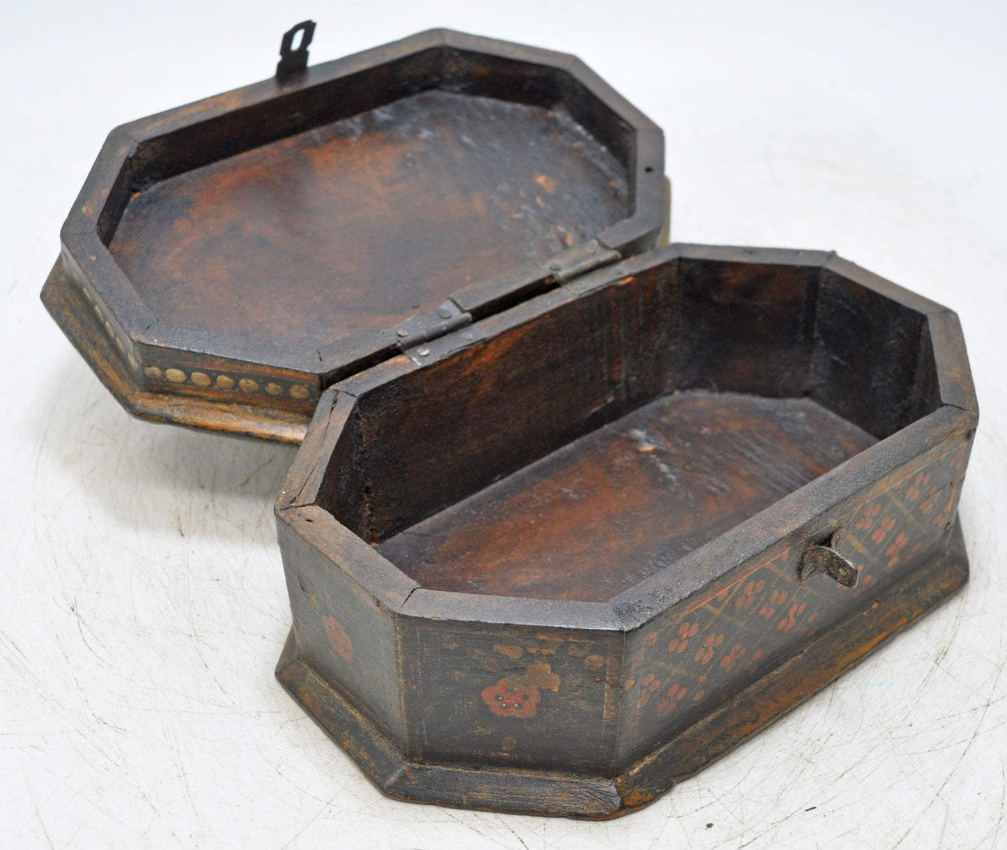Vintage Wooden Octagonal Storage Box Original Old Fine Hand Painted