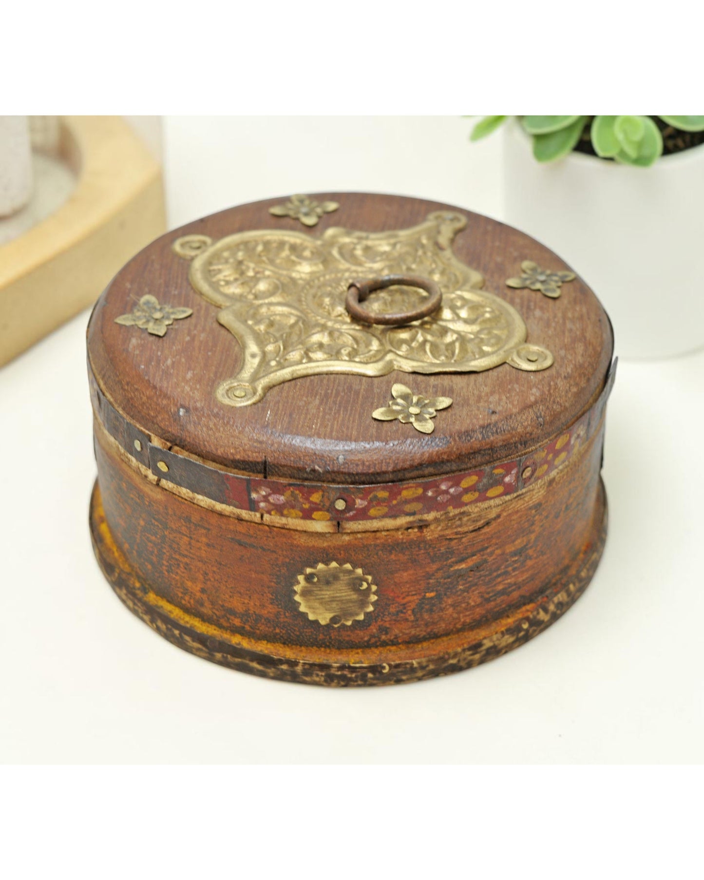 Vintage Wooden Round Kum Kum Powder Tika Box Original Old Fine Brass Fitted