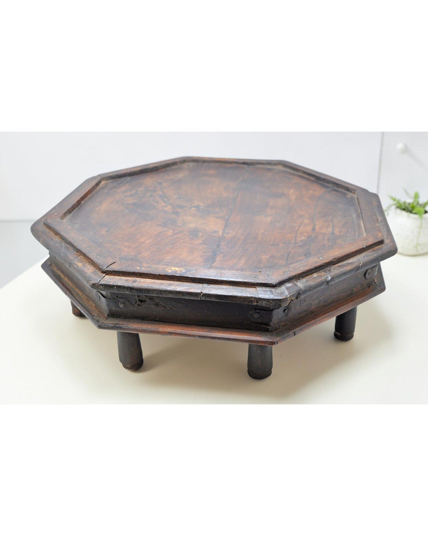 Antique Wooden Octagonal Floor Sitting Bajot Low Stool Original Old Hand Crafted