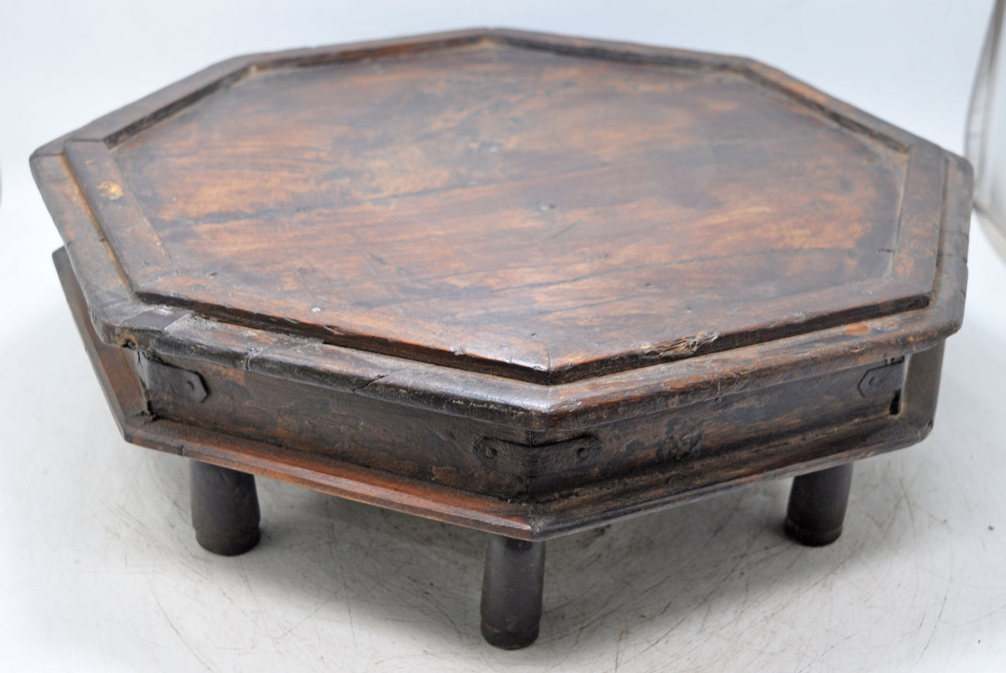 Antique Wooden Octagonal Floor Sitting Bajot Low Stool Original Old Hand Crafted