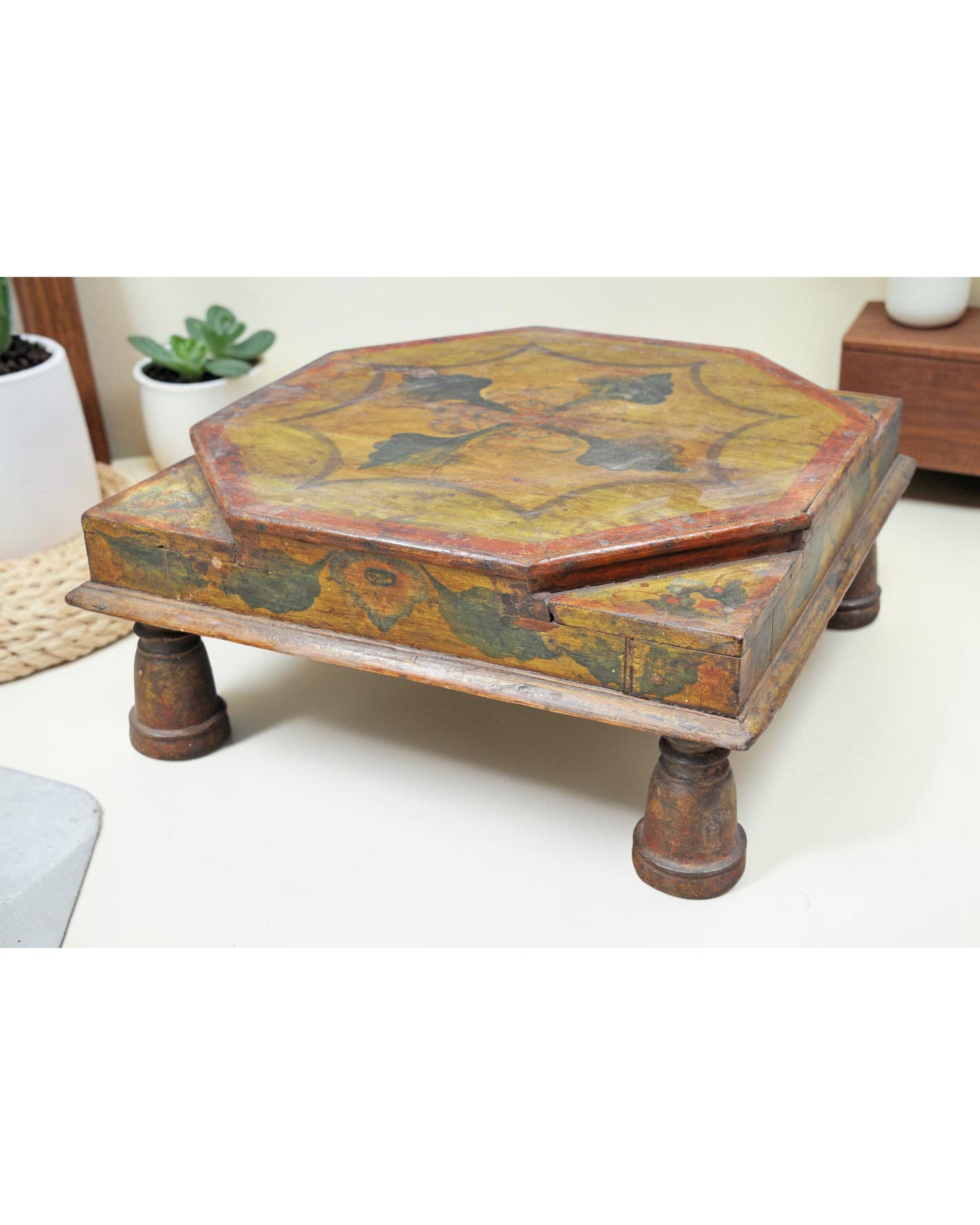 Antique Wooden Large Floor Sitting Bajot Low Stool Original Old Fine Hand Painted