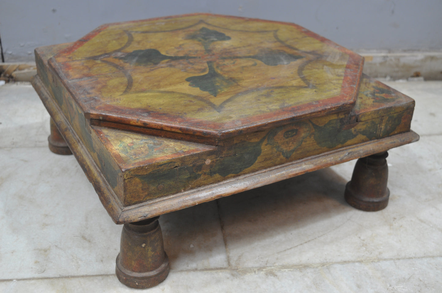 Antique Wooden Large Floor Sitting Bajot Low Stool Original Old Fine Hand Painted