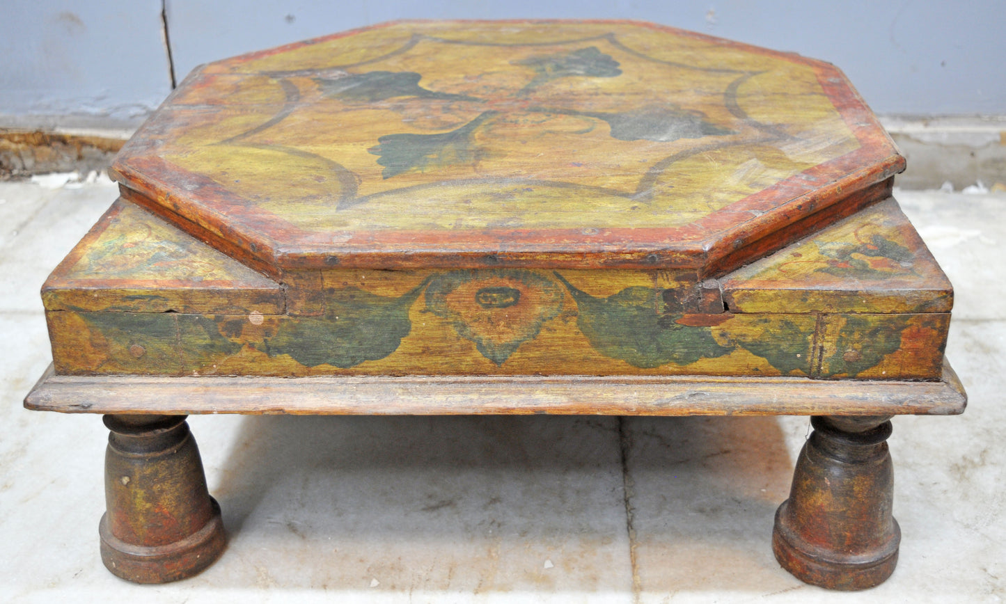 Antique Wooden Large Floor Sitting Bajot Low Stool Original Old Fine Hand Painted