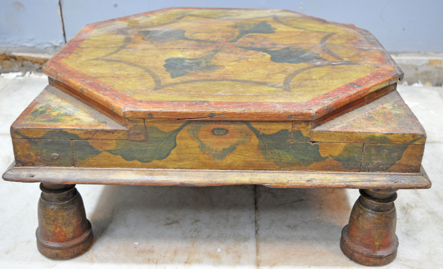 Antique Wooden Large Floor Sitting Bajot Low Stool Original Old Fine Hand Painted