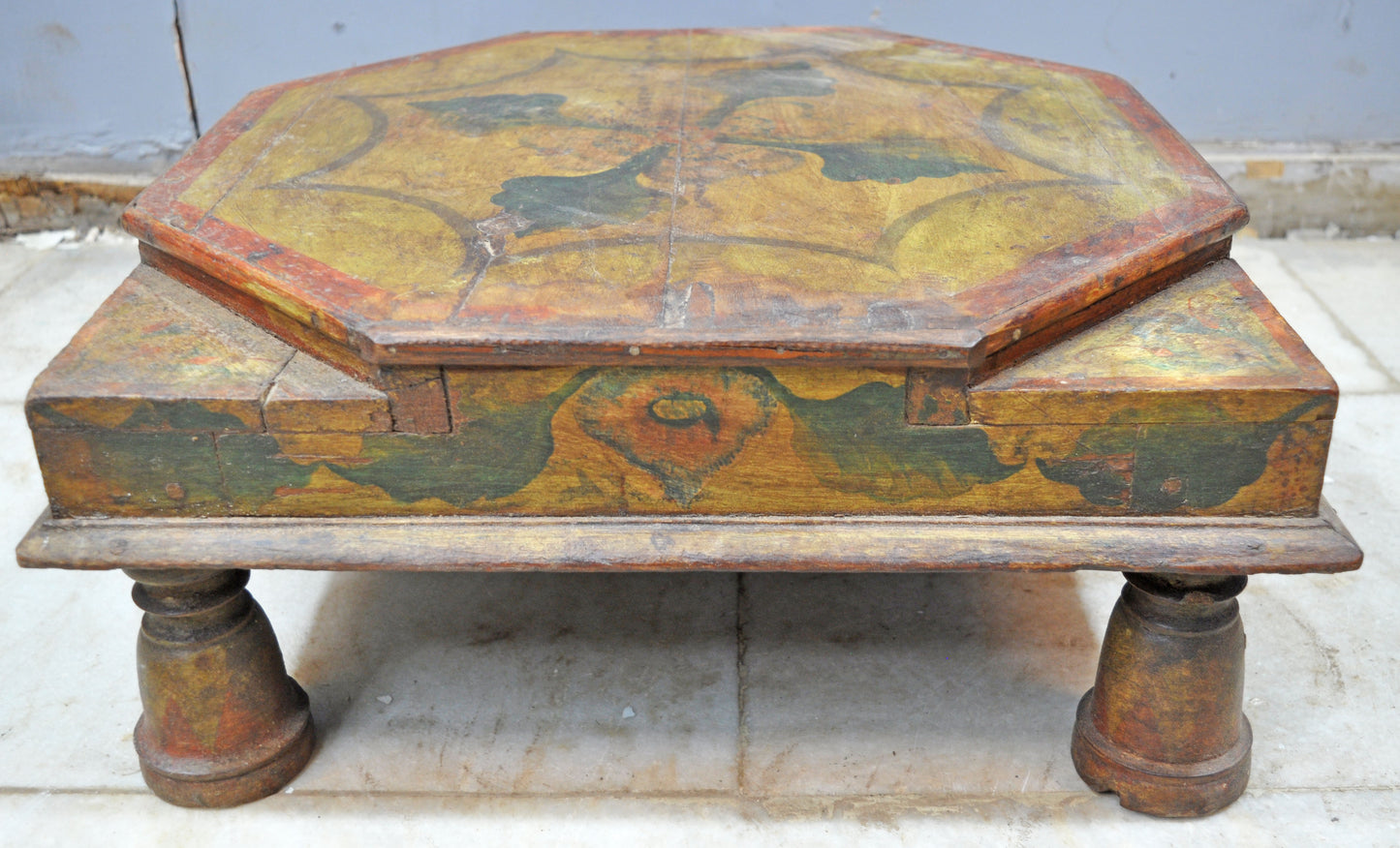 Antique Wooden Large Floor Sitting Bajot Low Stool Original Old Fine Hand Painted