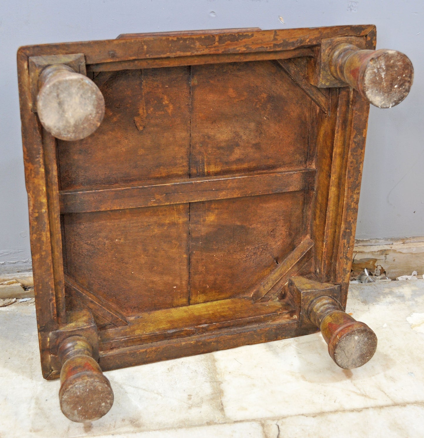 Antique Wooden Large Floor Sitting Bajot Low Stool Original Old Fine Hand Painted