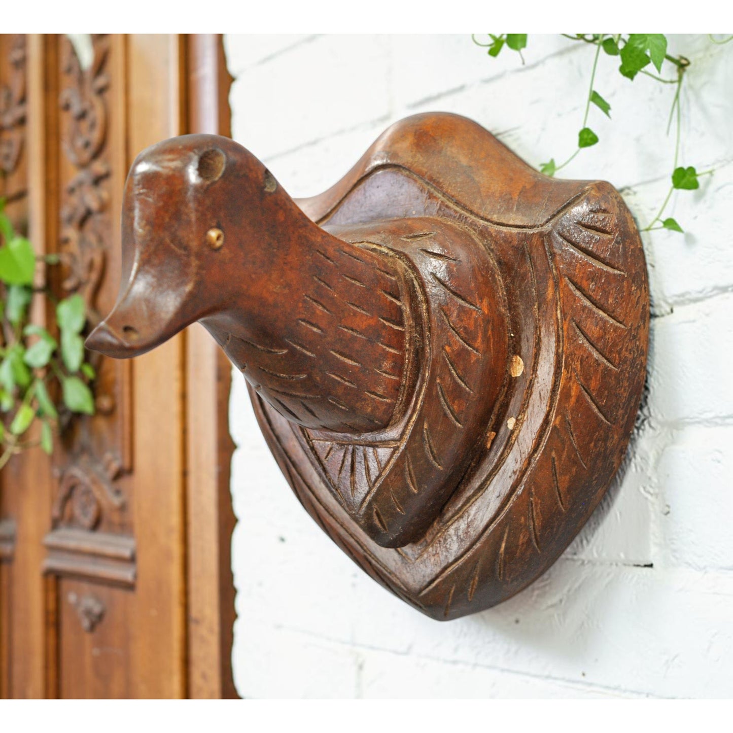 Antique Wooden Wall Hanging Duck Bust Figurine Original Old Fine Hand Carved