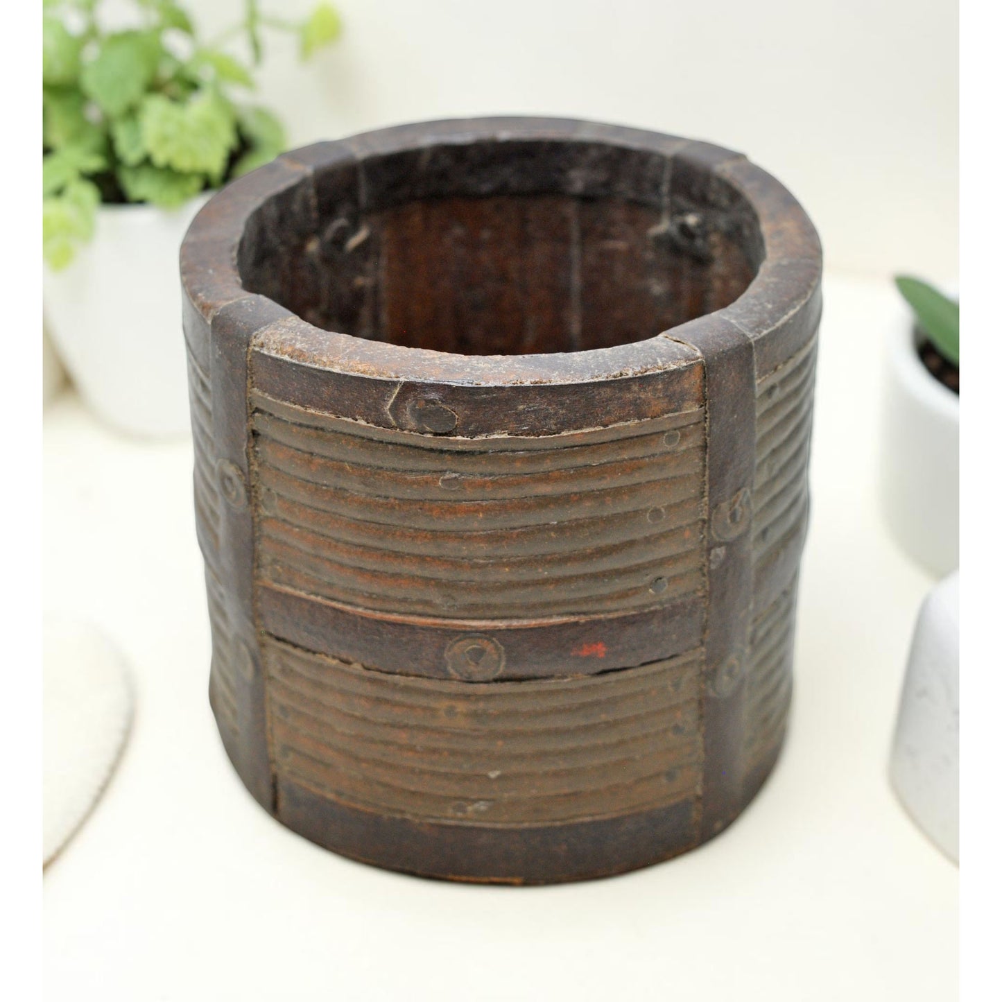 Vintage Wooden Grain Measurement Paili Pot Original Old Hand Crafted Brass Fitted