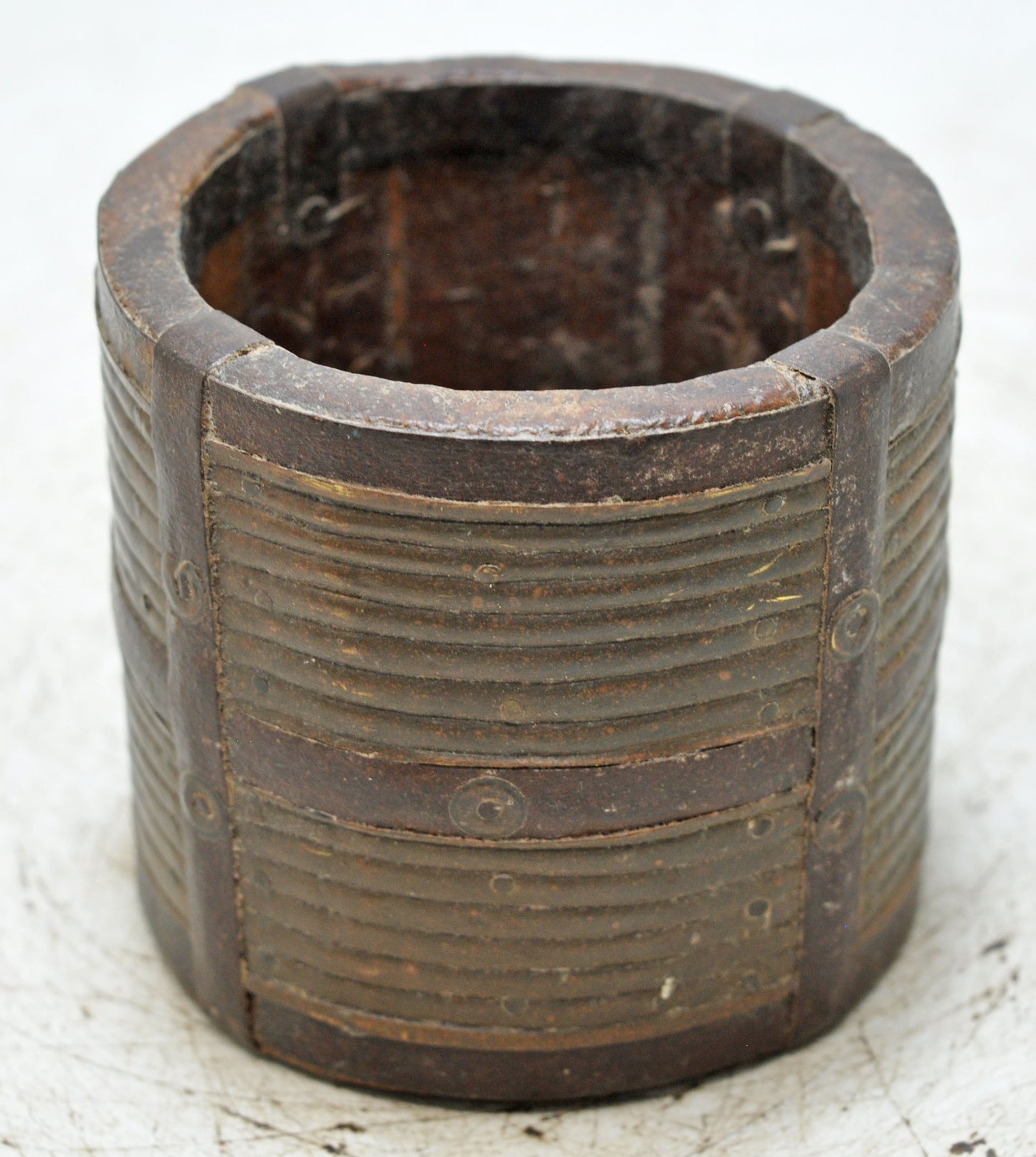 Vintage Wooden Grain Measurement Paili Pot Original Old Hand Crafted Brass Fitted