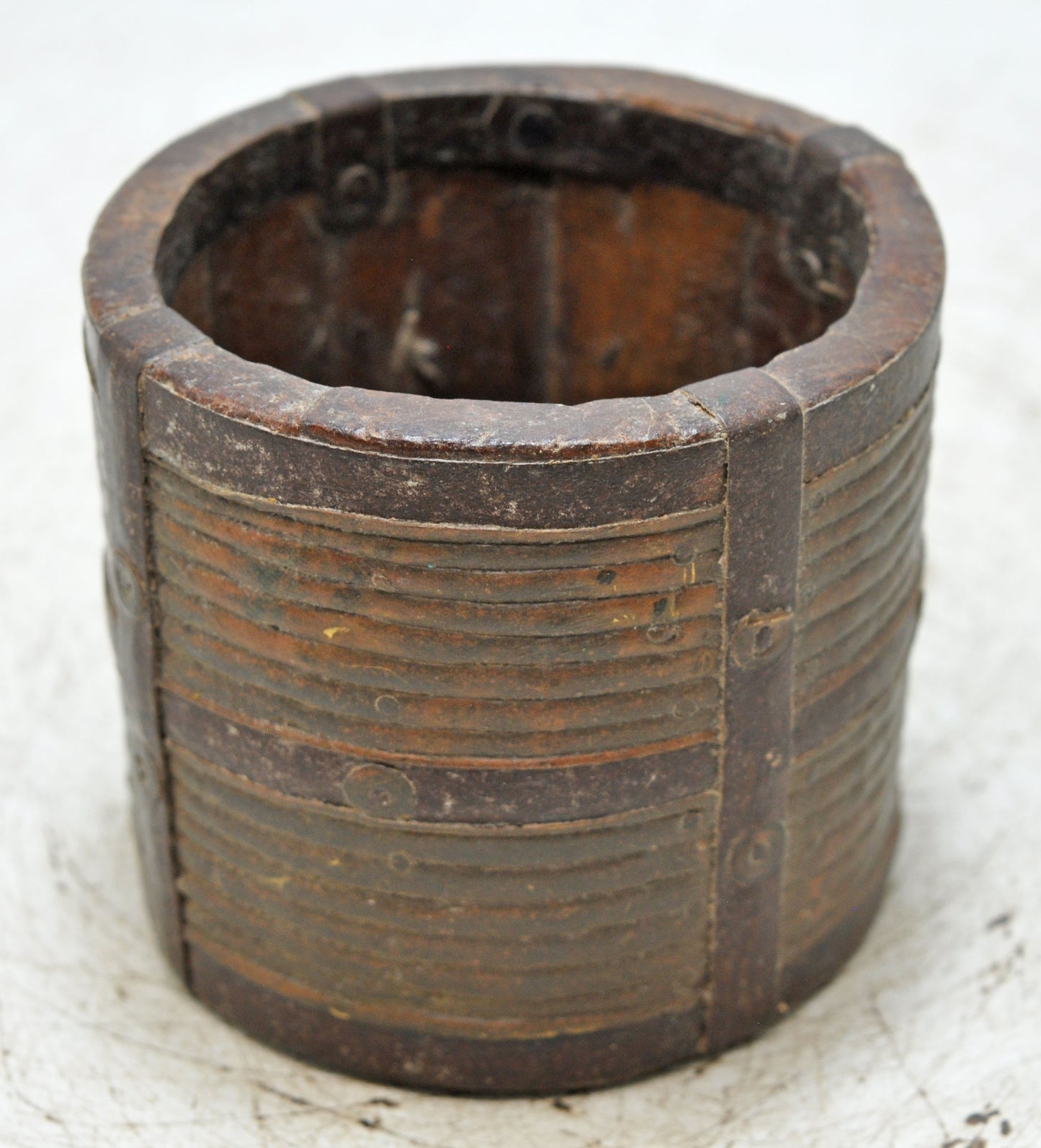 Vintage Wooden Grain Measurement Paili Pot Original Old Hand Crafted Brass Fitted