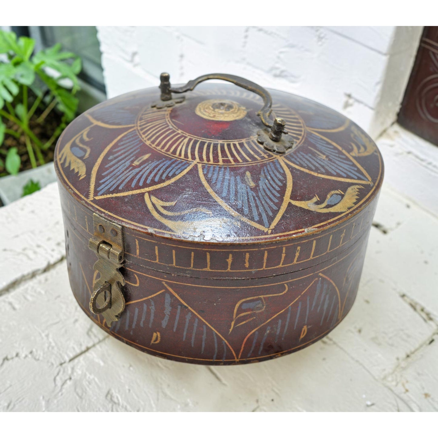 Antique Wooden Round Box Original Old Hand Crafted Very Fine Lacquer Painted