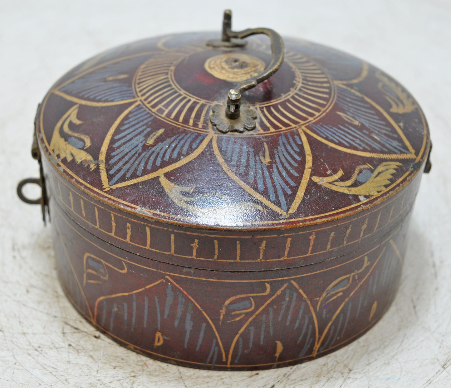 Antique Wooden Round Box Original Old Hand Crafted Very Fine Lacquer Painted
