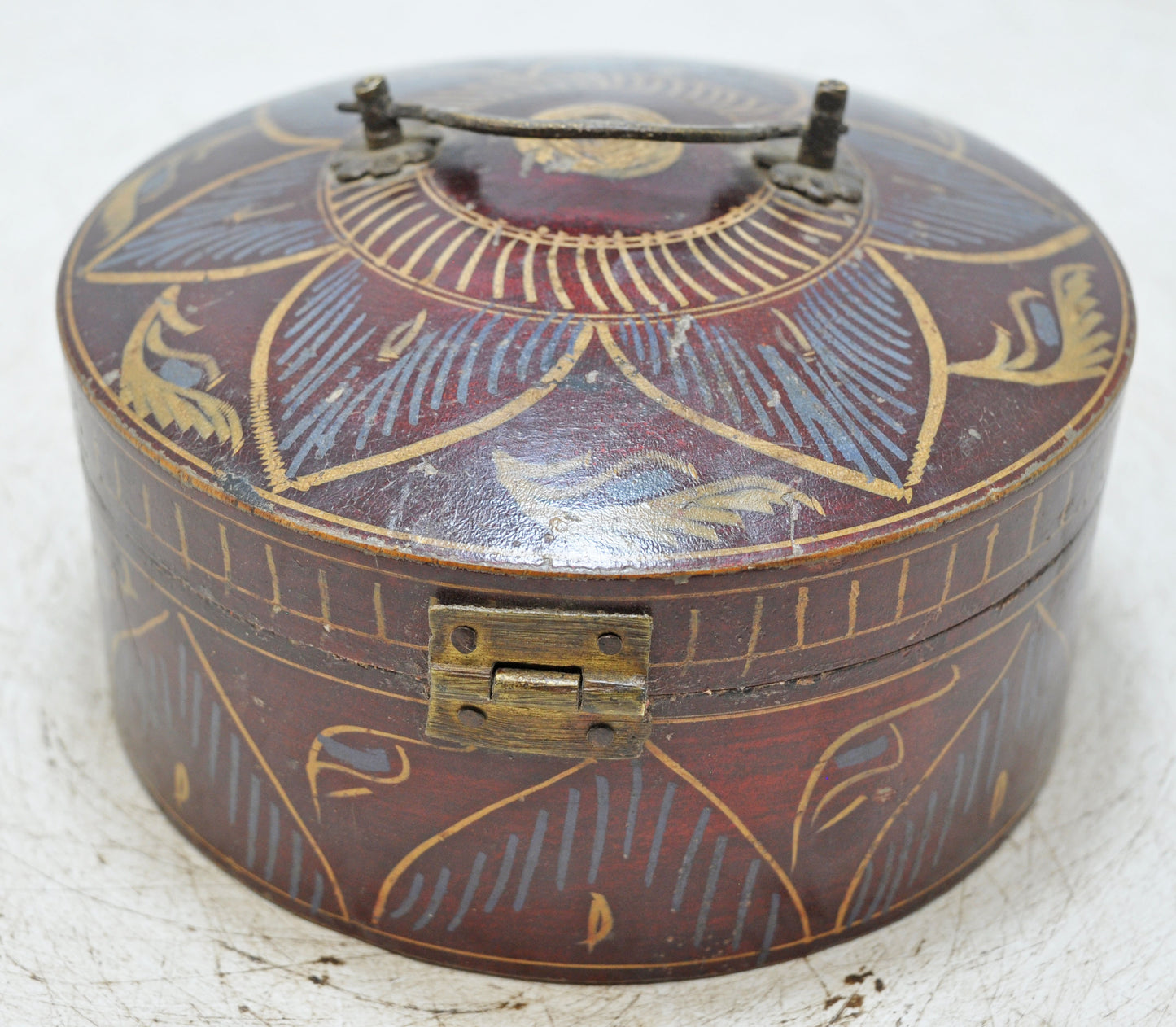 Antique Wooden Round Box Original Old Hand Crafted Very Fine Lacquer Painted