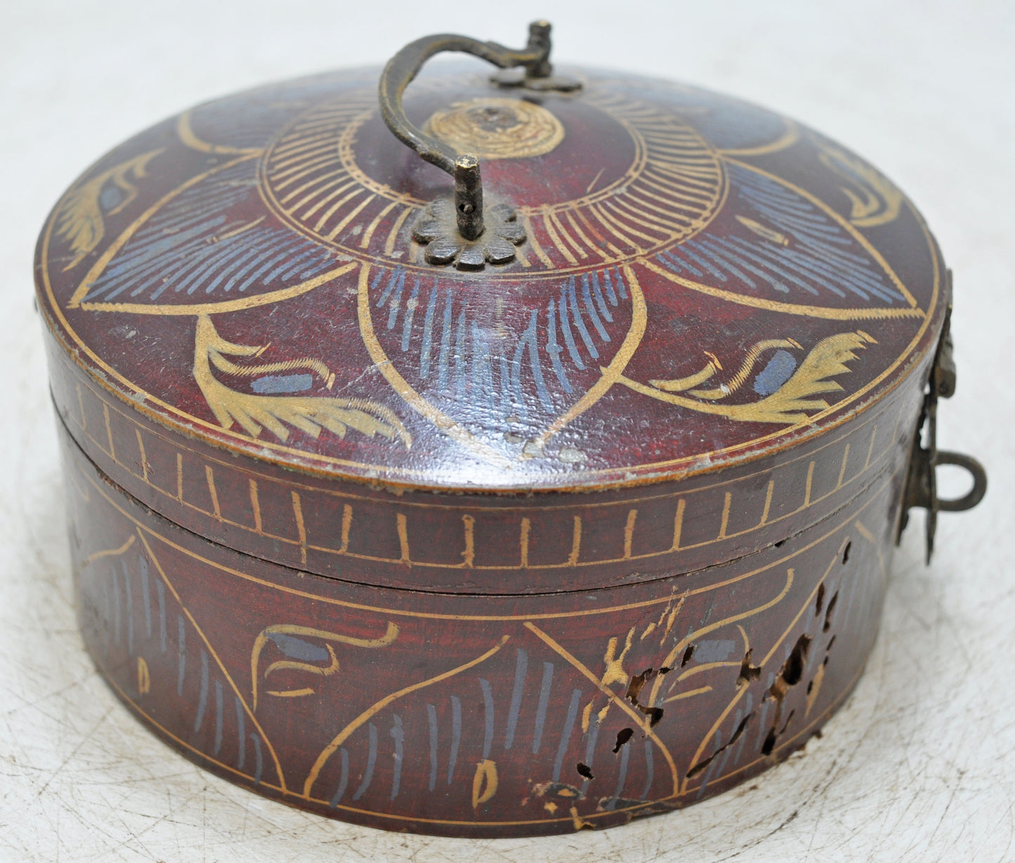 Antique Wooden Round Box Original Old Hand Crafted Very Fine Lacquer Painted