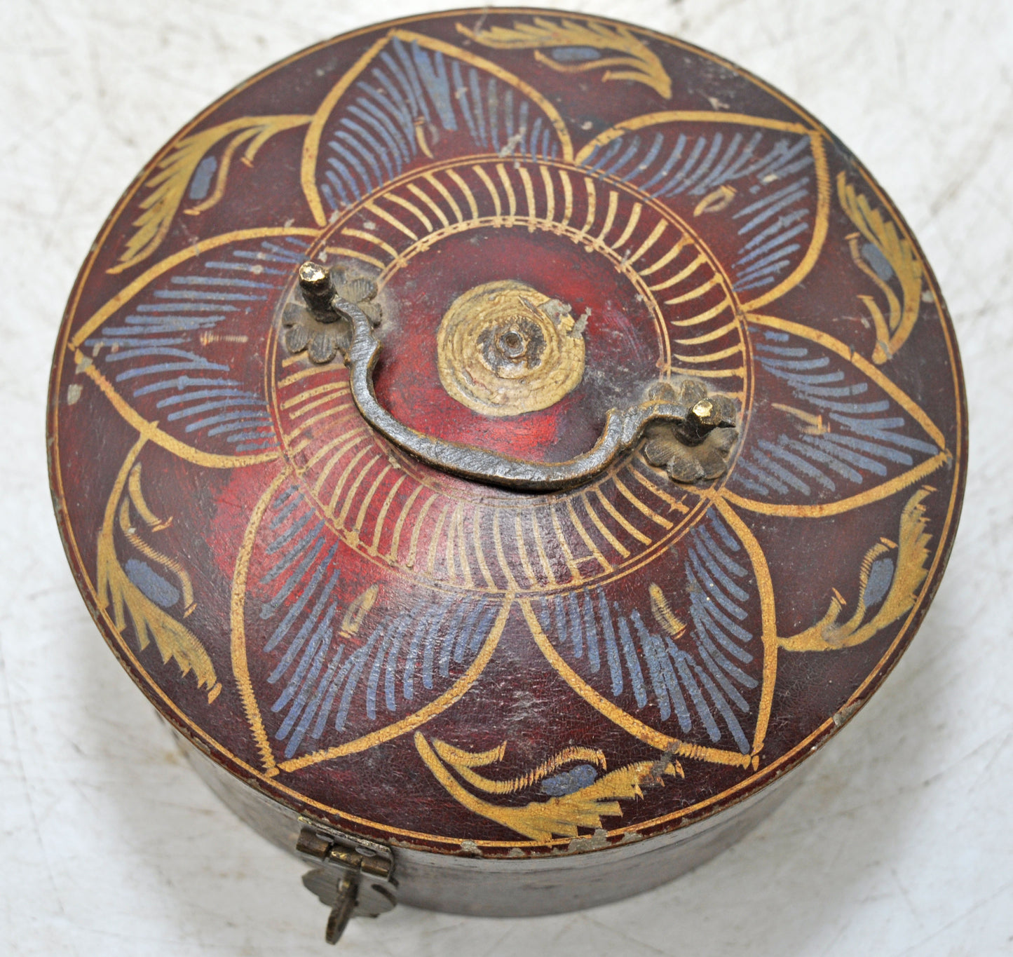 Antique Wooden Round Box Original Old Hand Crafted Very Fine Lacquer Painted