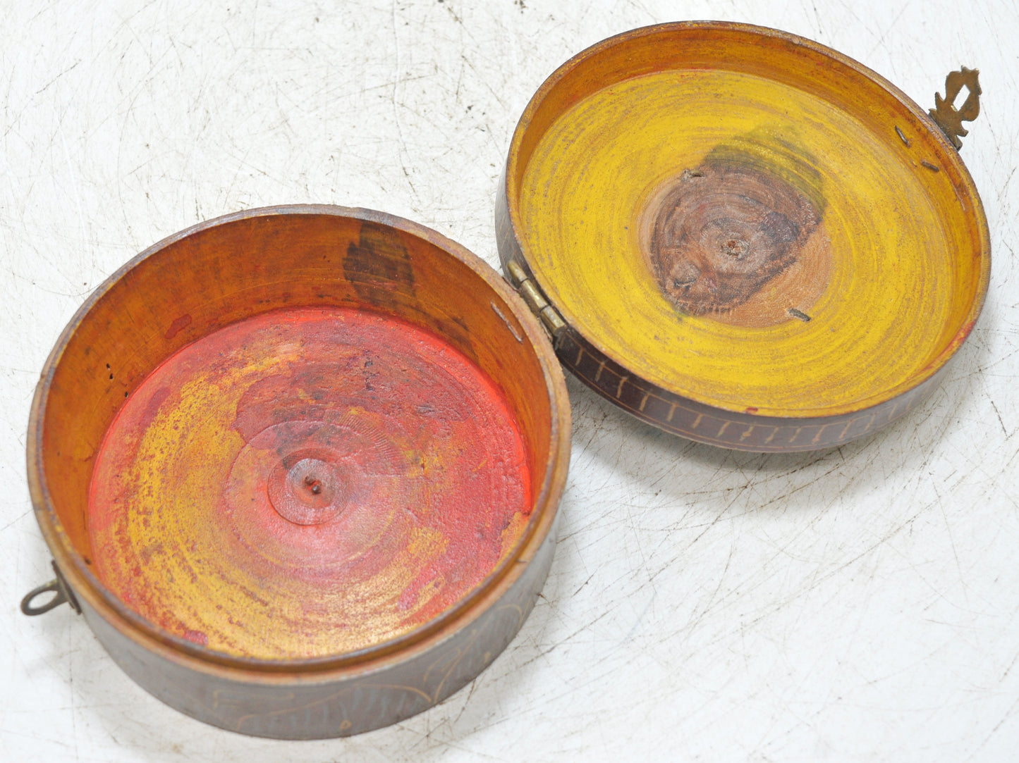 Antique Wooden Round Box Original Old Hand Crafted Very Fine Lacquer Painted