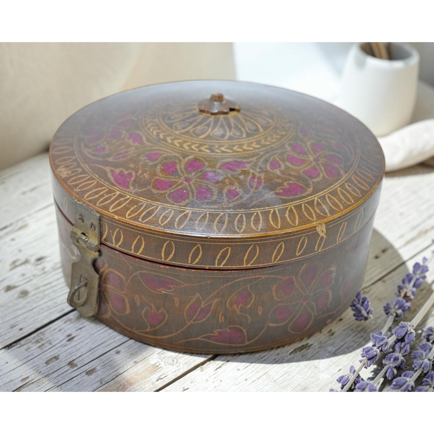 Antique Wooden Round Box Original Old Hand Crafted Very Fine Lacquer Painted
