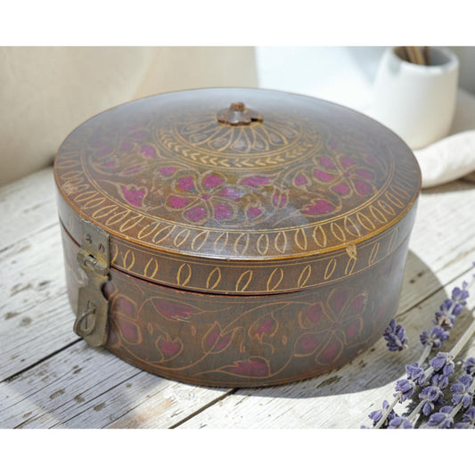 Antique Wooden Round Box Original Old Hand Crafted Very Fine Lacquer Painted