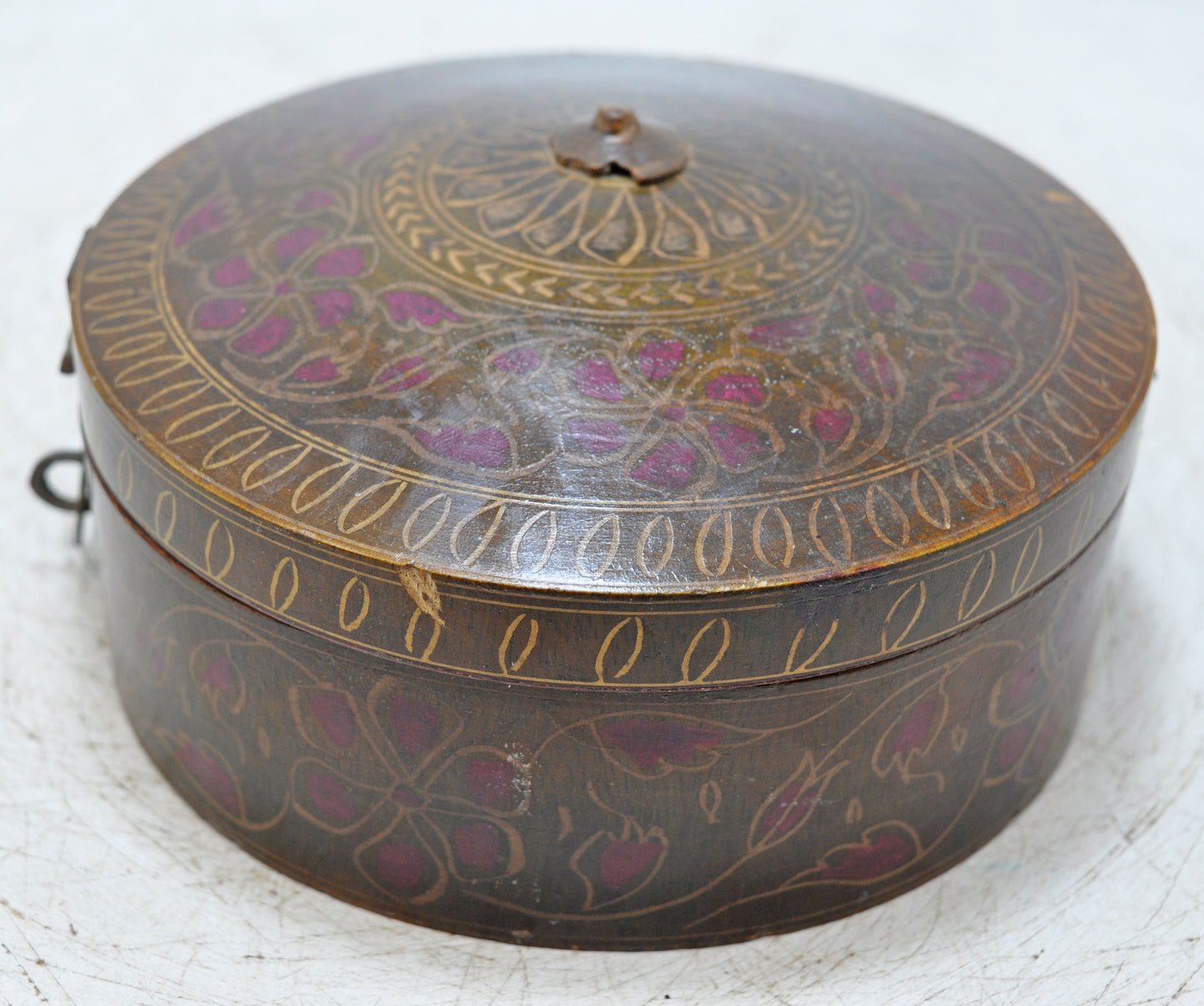 Antique Wooden Round Box Original Old Hand Crafted Very Fine Lacquer Painted