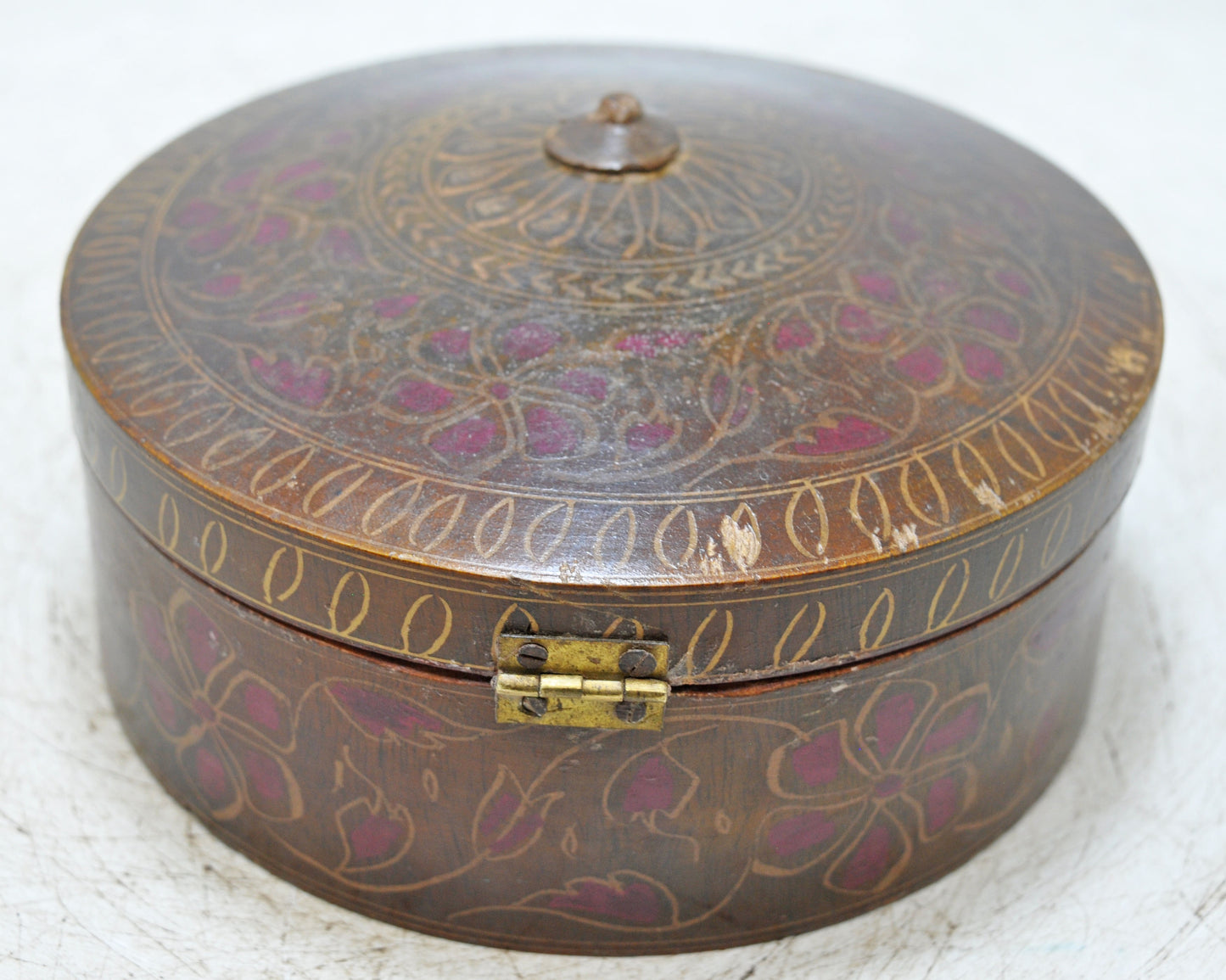 Antique Wooden Round Box Original Old Hand Crafted Very Fine Lacquer Painted
