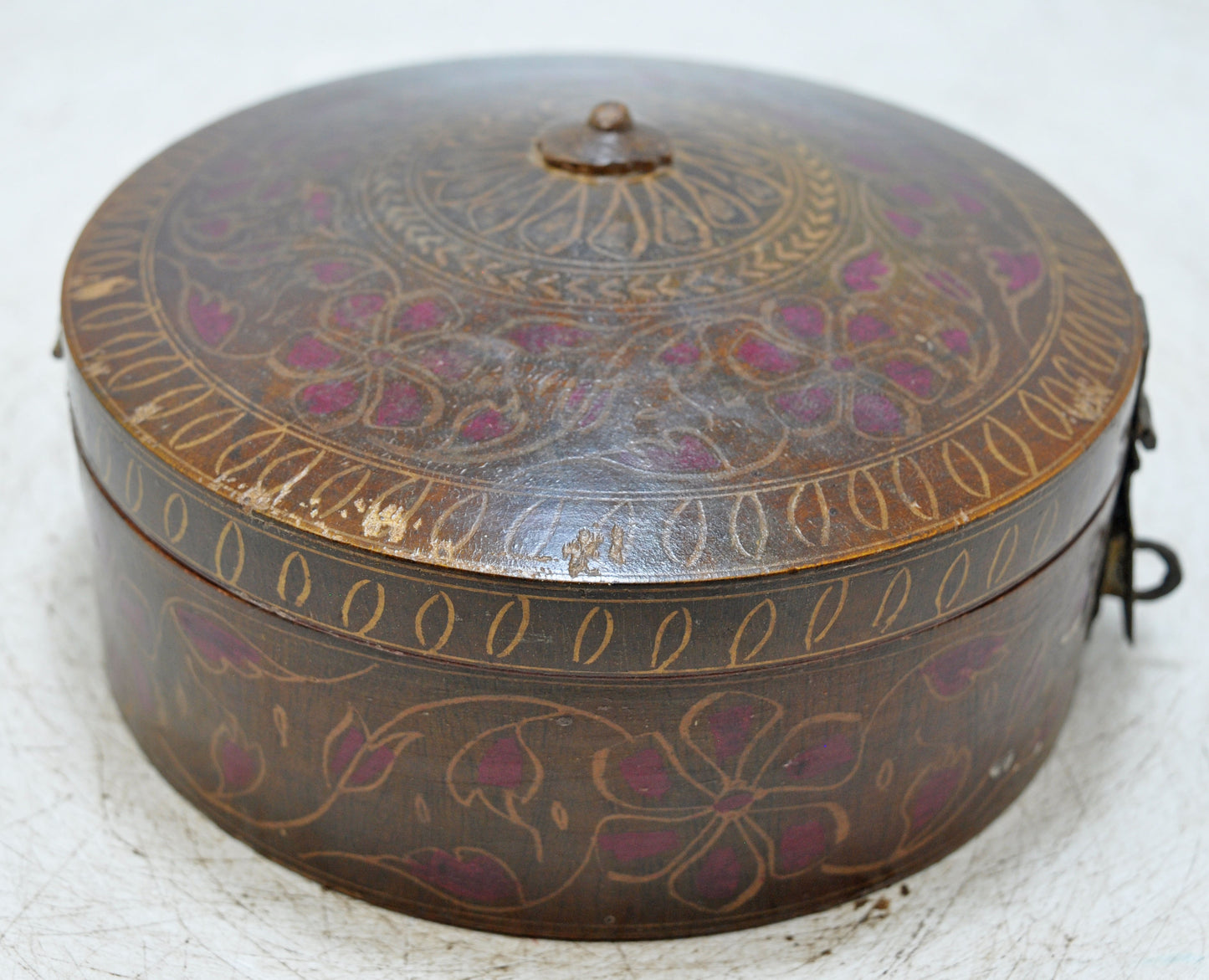 Antique Wooden Round Box Original Old Hand Crafted Very Fine Lacquer Painted