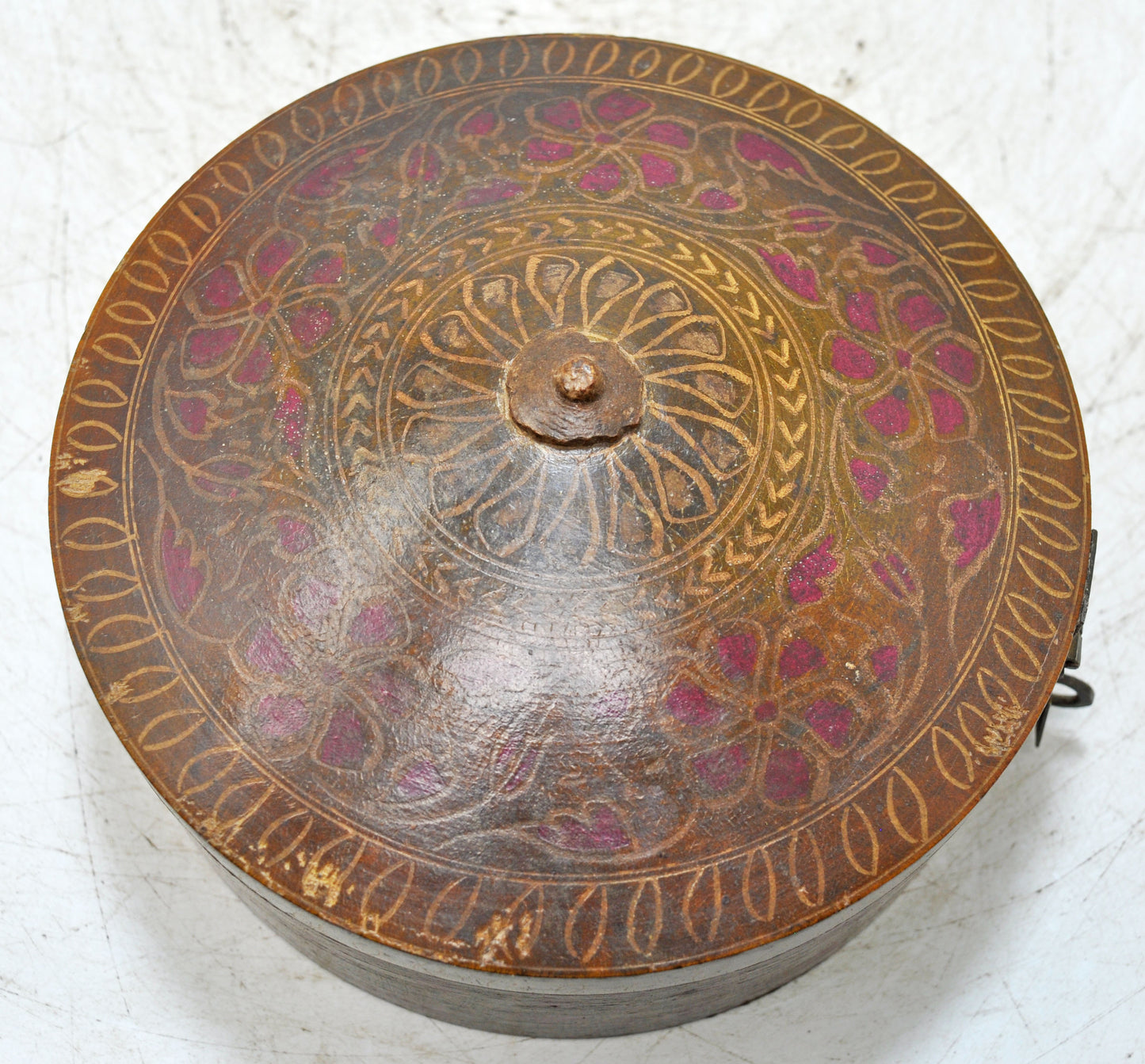 Antique Wooden Round Box Original Old Hand Crafted Very Fine Lacquer Painted