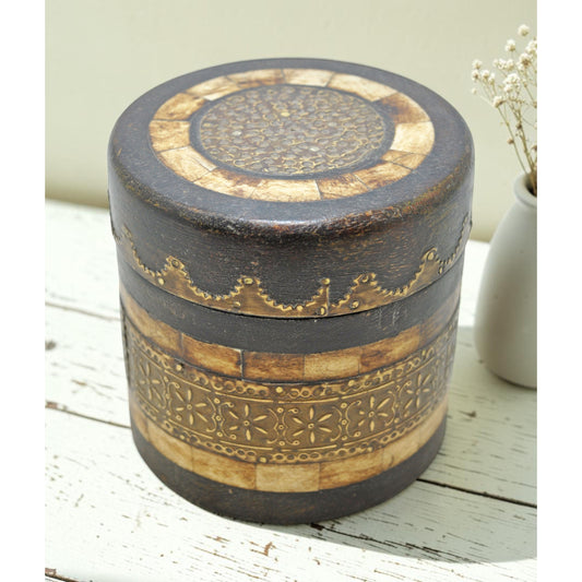 Vintage Wooden Round Box Original Old Hand Crafted Brass Fitted