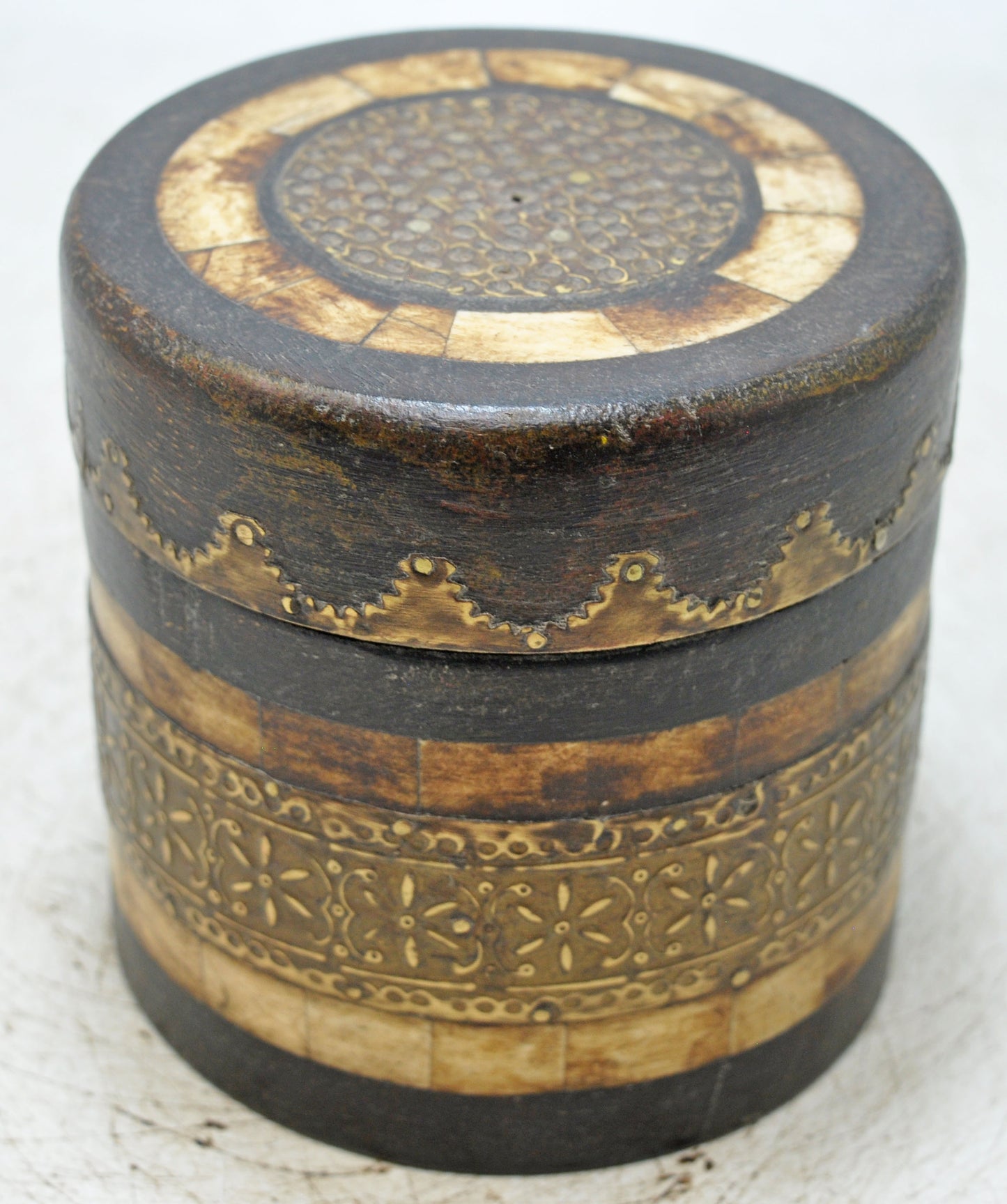 Vintage Wooden Round Box Original Old Hand Crafted Brass Fitted