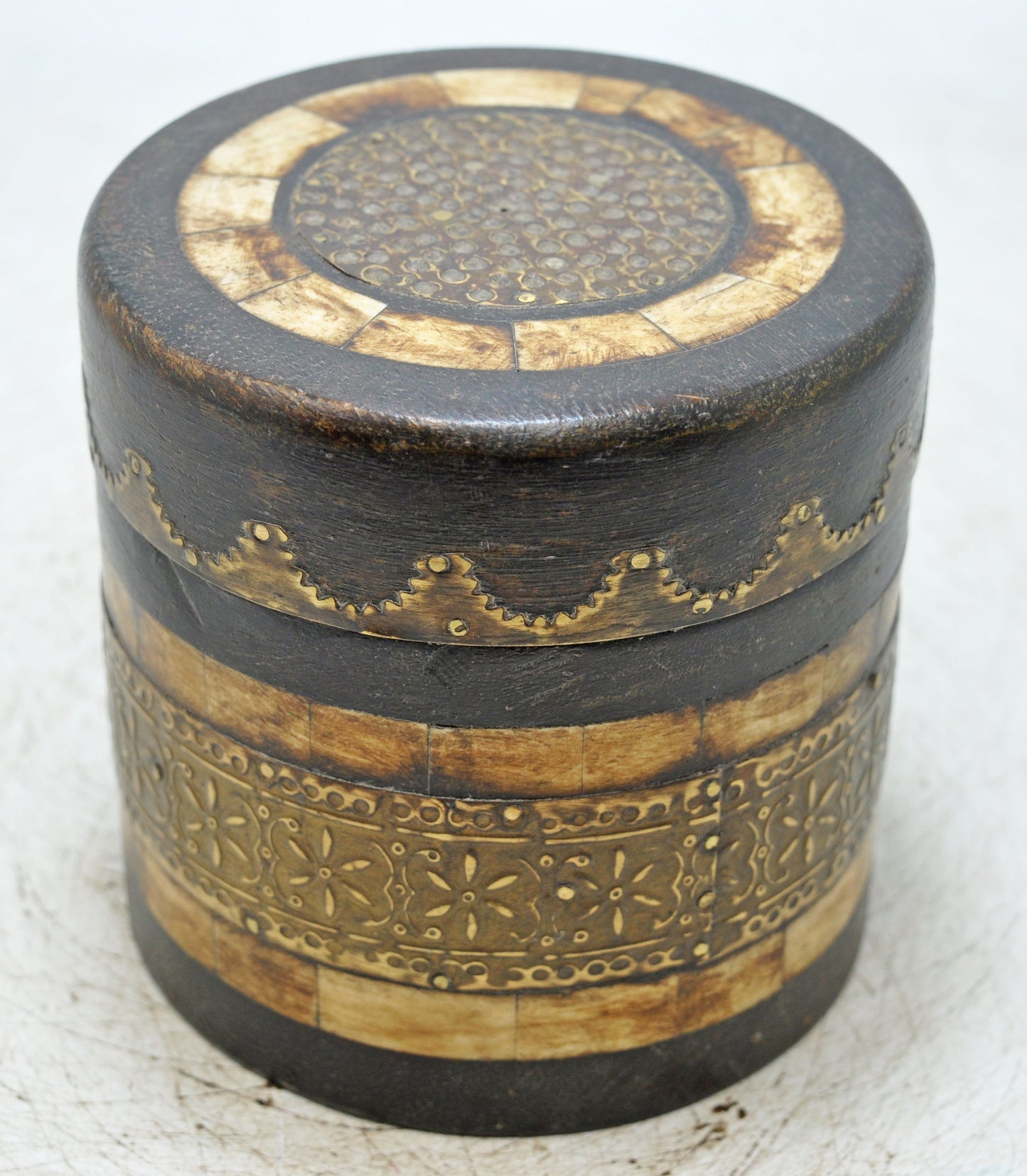 Vintage Wooden Round Box Original Old Hand Crafted Brass Fitted