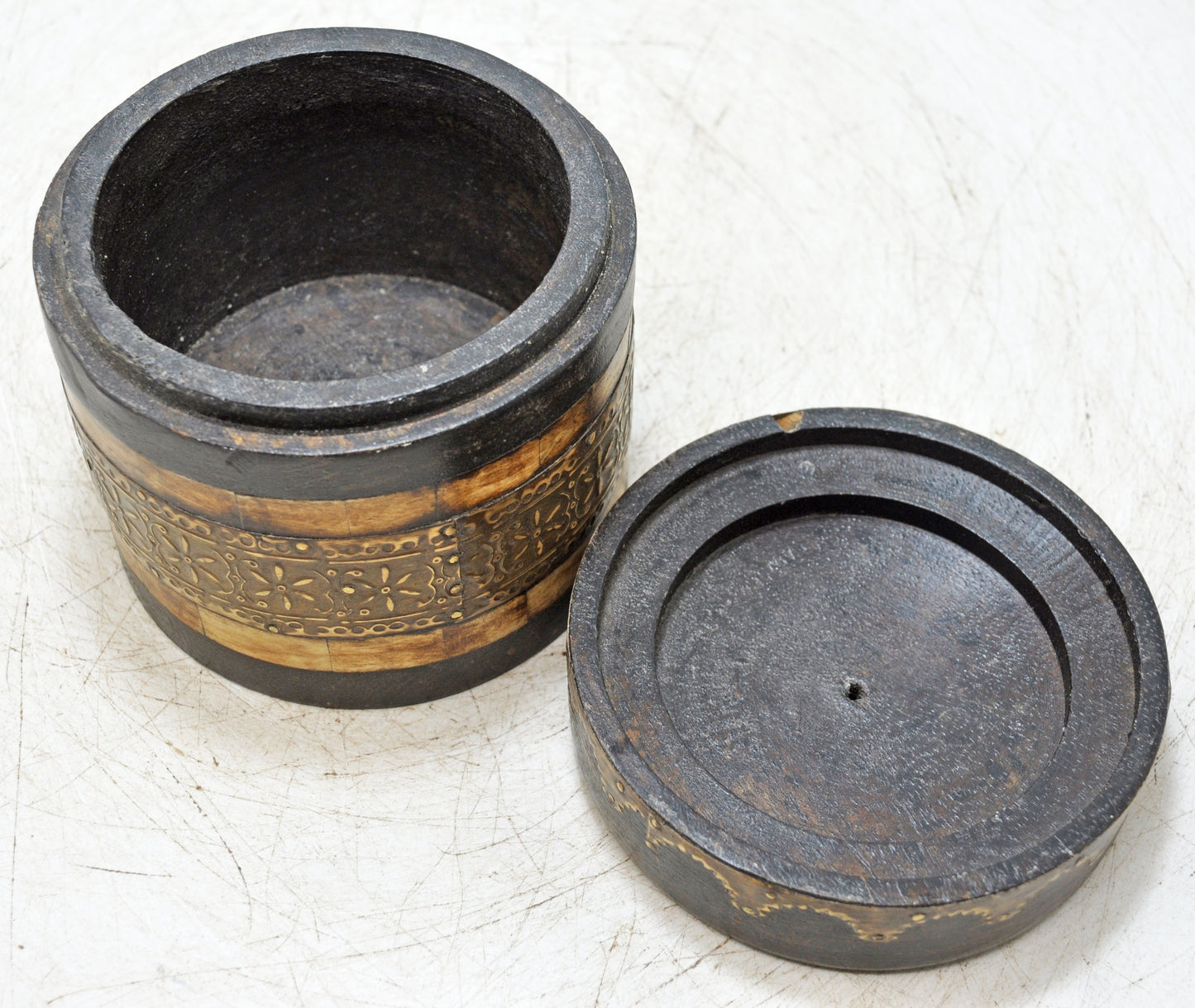 Vintage Wooden Round Box Original Old Hand Crafted Brass Fitted