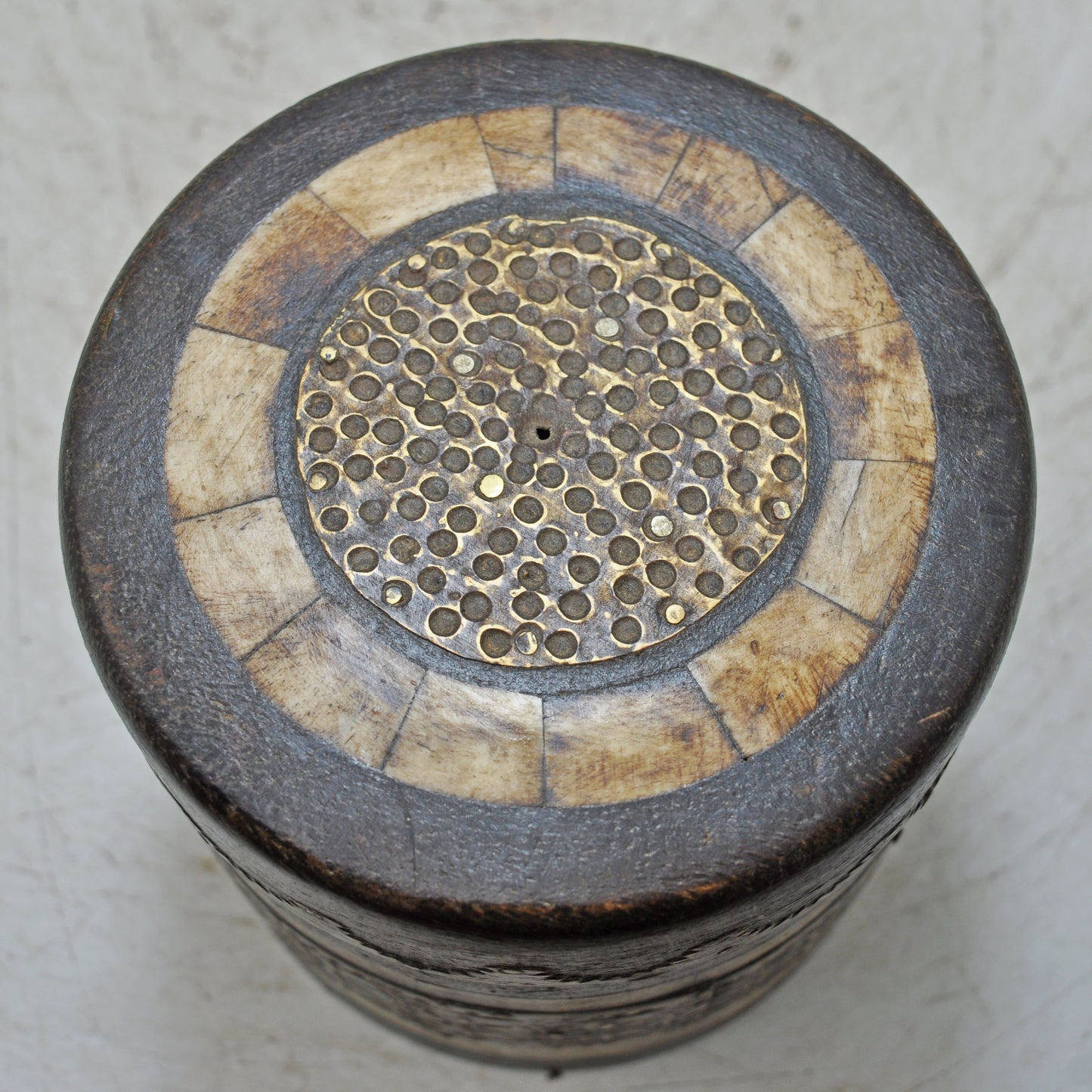 Vintage Wooden Round Box Original Old Hand Crafted Brass Fitted