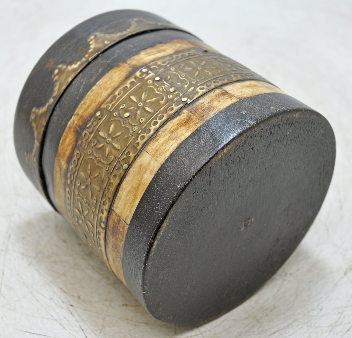 Vintage Wooden Round Box Original Old Hand Crafted Brass Fitted