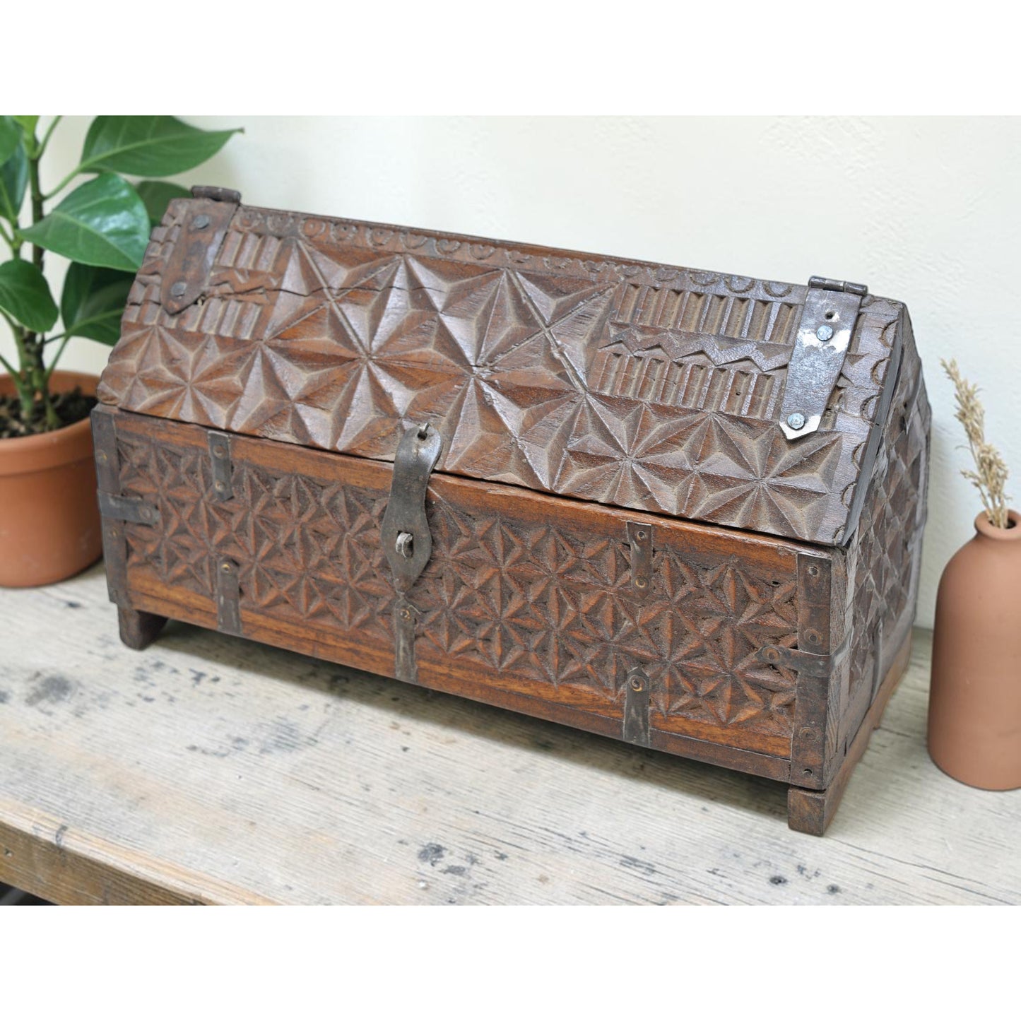 Vintage Wooden Dome Shaped Storage Box Original Old Hand Crafted Fine Carved