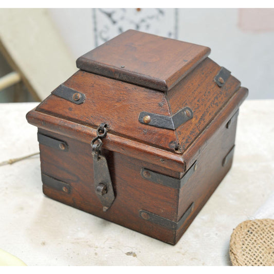 Vintage Wooden Dome Shaped Storage Box Original Old Hand Crafted Metal Fitted