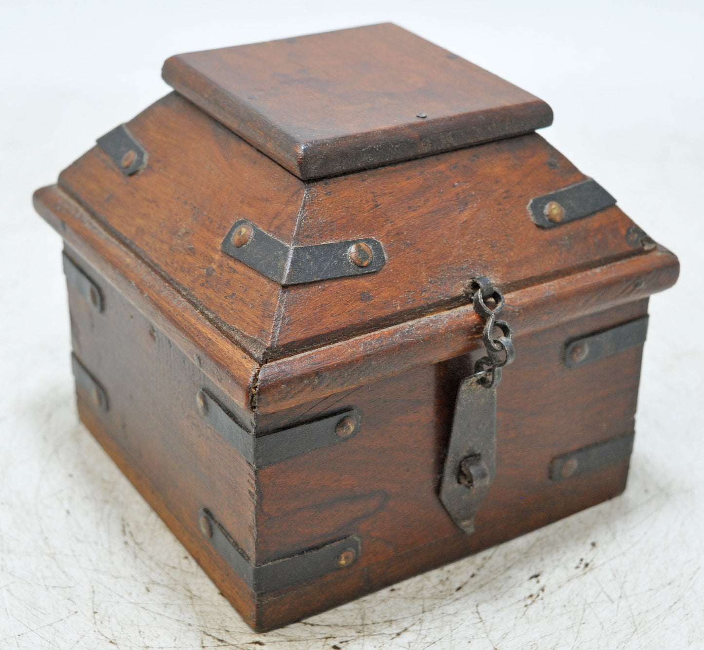 Vintage Wooden Dome Shaped Storage Box Original Old Hand Crafted Metal Fitted